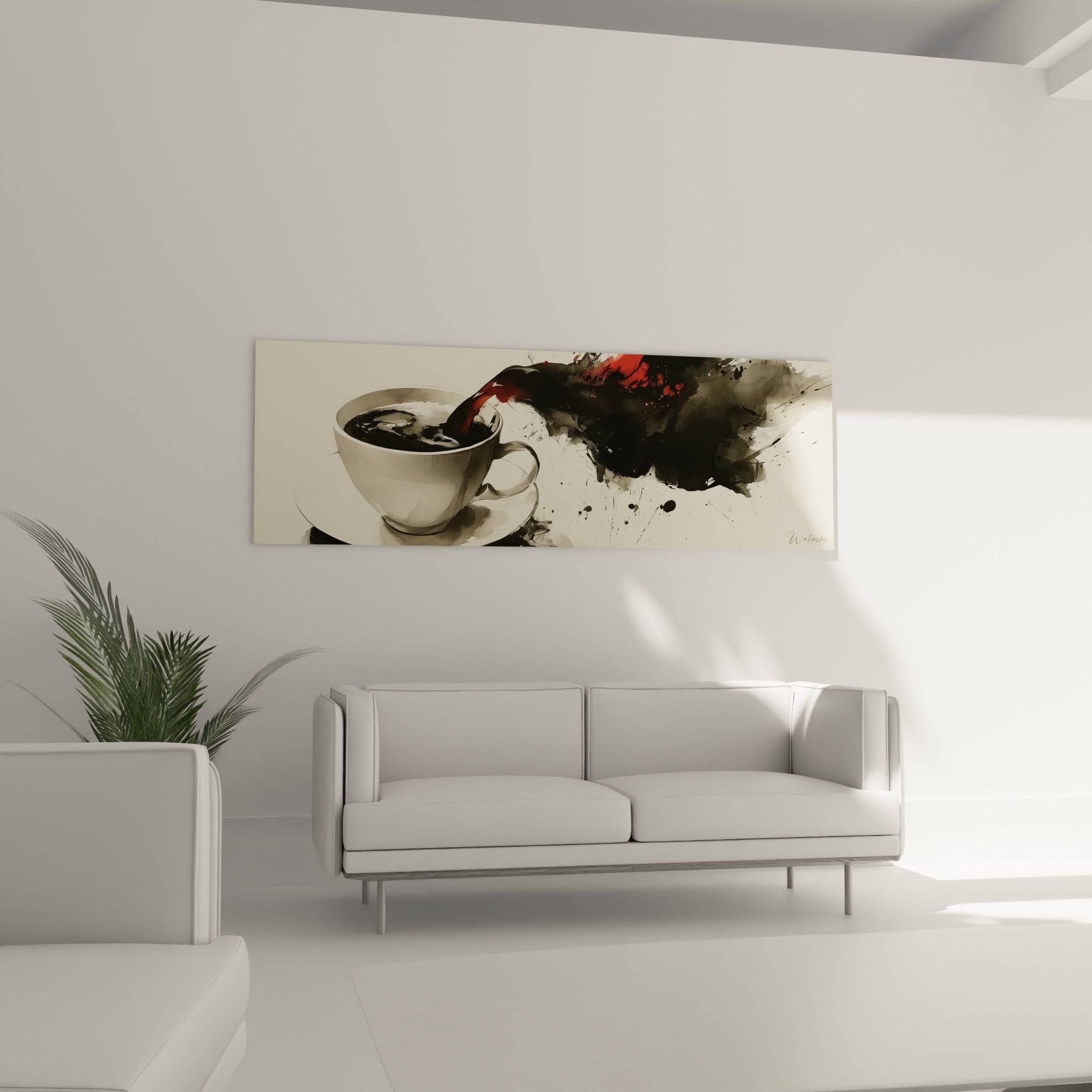 Tache rouge vif surgissant d'une explosion d'encre noire, au-dessus d'un canapé dans un salon lumineux