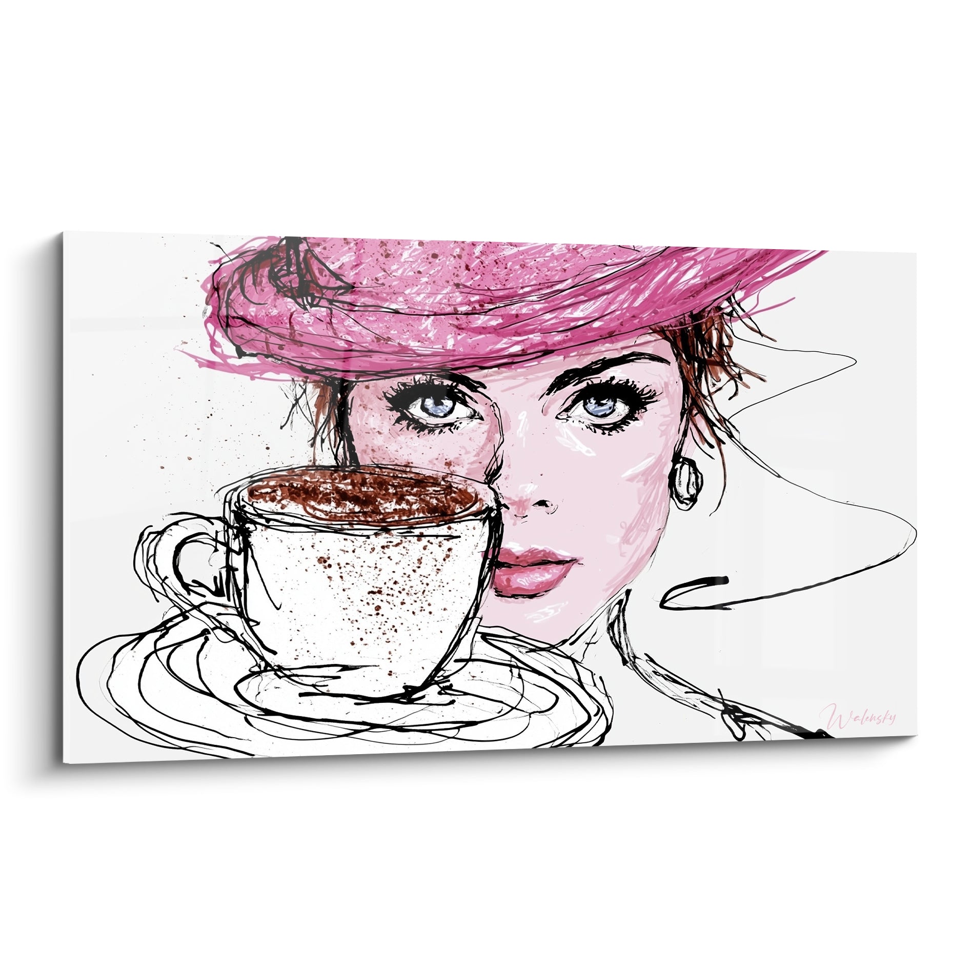 Femme au chapeau rose vif tenant une tasse de café brun terracotta, style esquissé encre noire