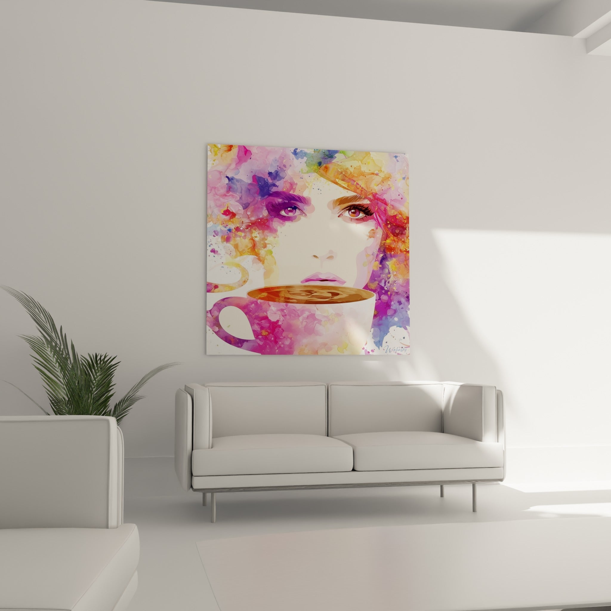 Femme aux cheveux éclatés violet et orangé tenant une tasse rose, au-dessus d'un canapé dans un salon lumineux