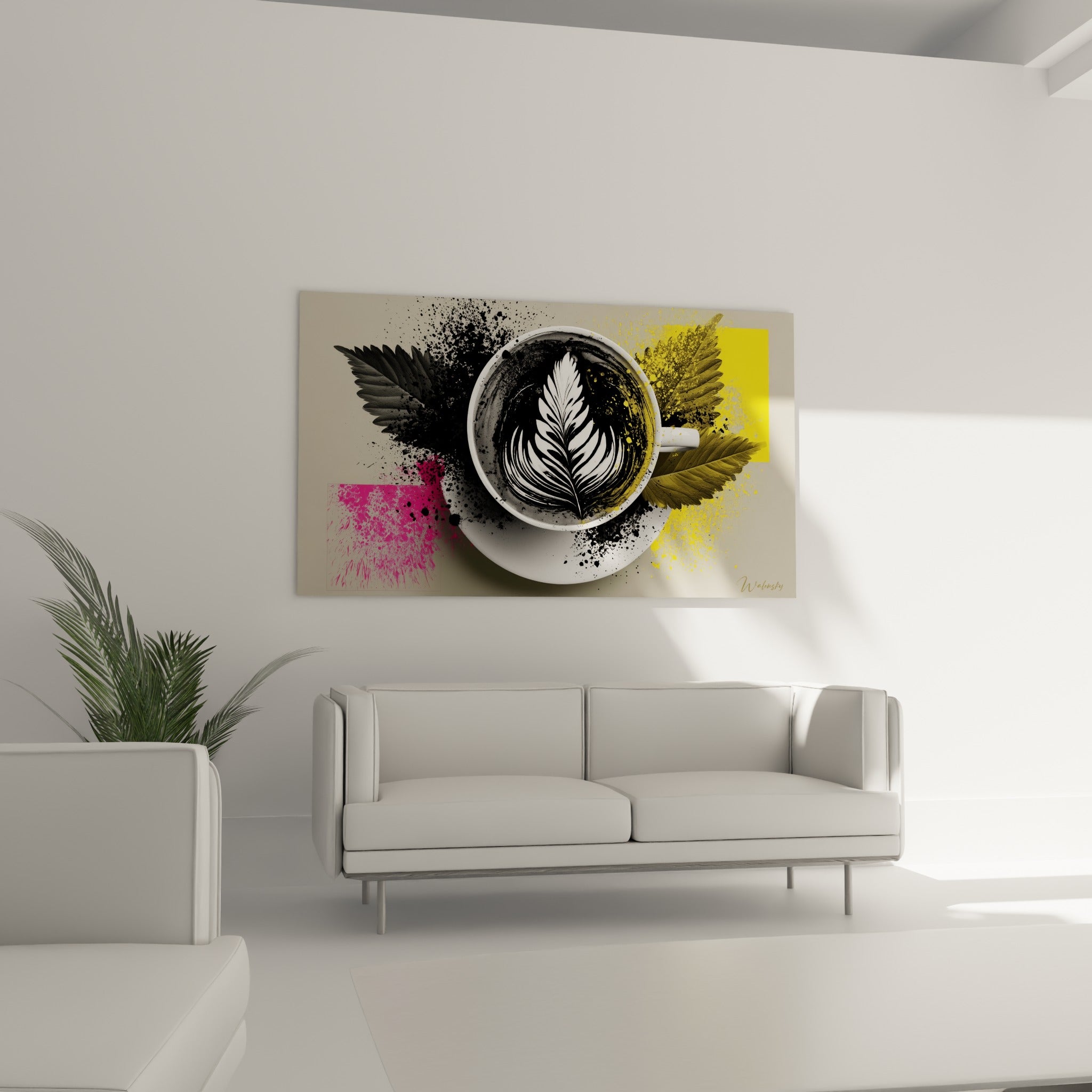 Tasse de café graphique aux couleurs rose et moutarde au-dessus d'un canapé dans un salon lumineux
