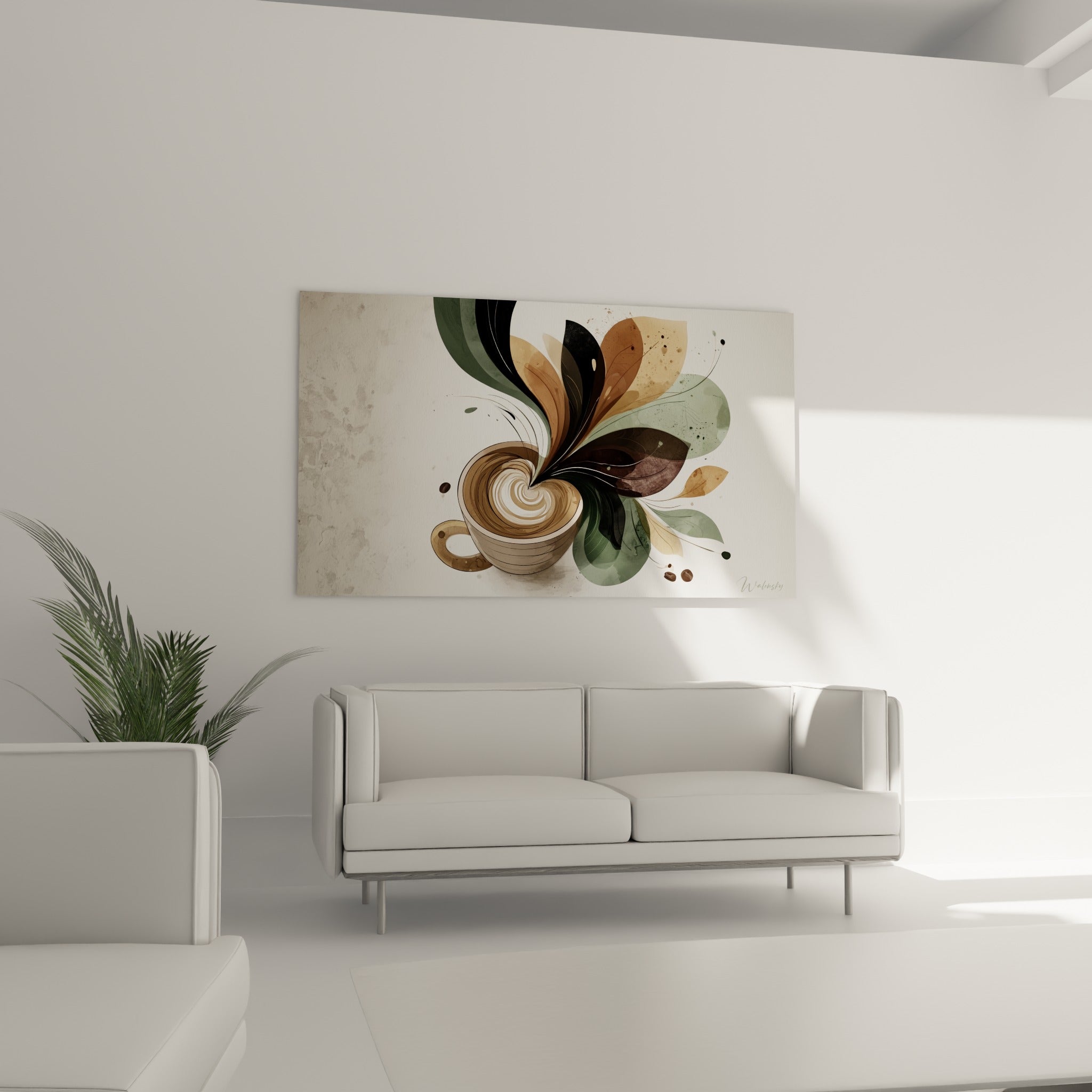 Feuilles stylisées brunes et vert sauge autour d'une tasse de latte art au-dessus d'un canapé dans un salon lumineux