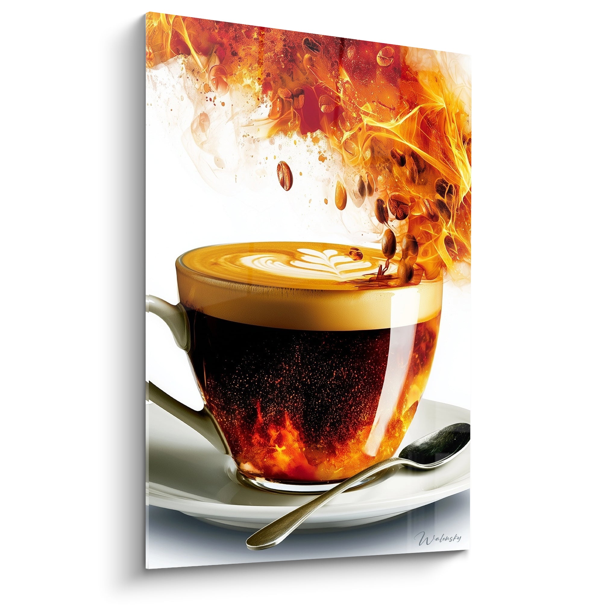 Tasse en verre café brun profond, flammes orangées et grains torréfiés s'échappant, fond blanc épuré