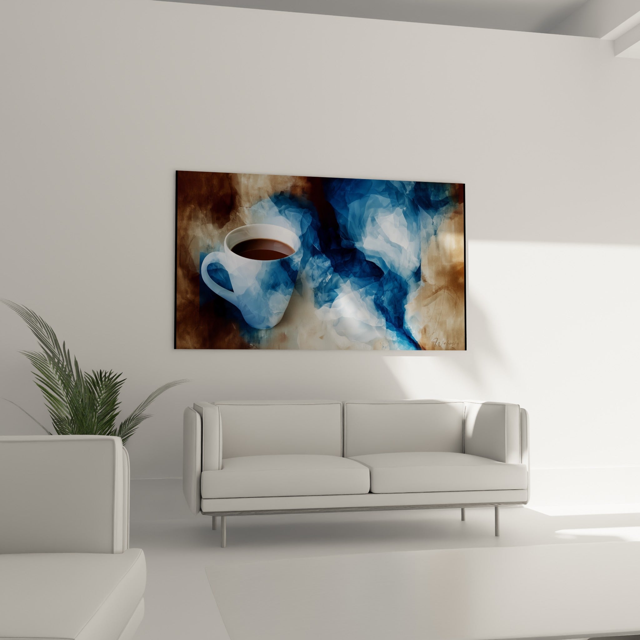 Composition café terracotta et bleu marine, disposée au-dessus d'un canapé dans un salon lumineux