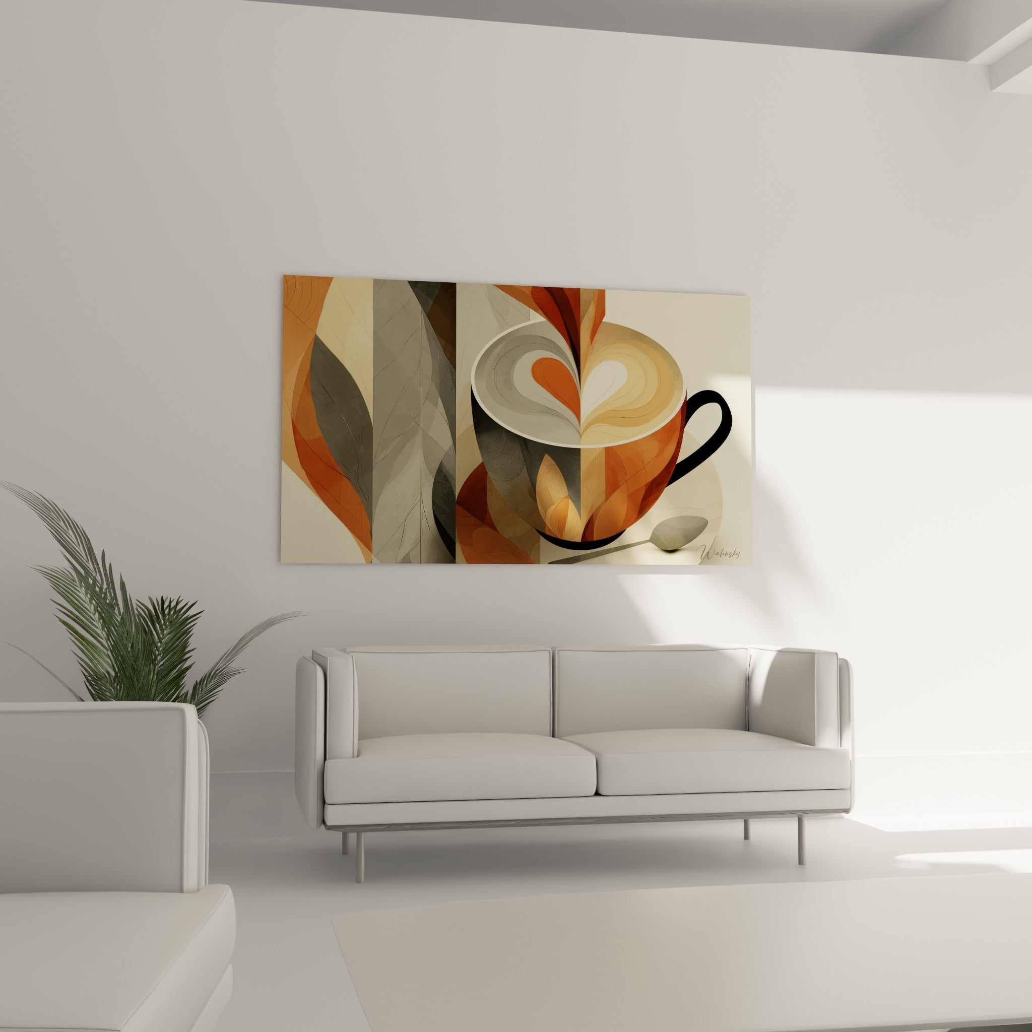 Motif géométrique terracotta et gris d'une tasse à café, au-dessus d'un canapé dans un salon lumineux