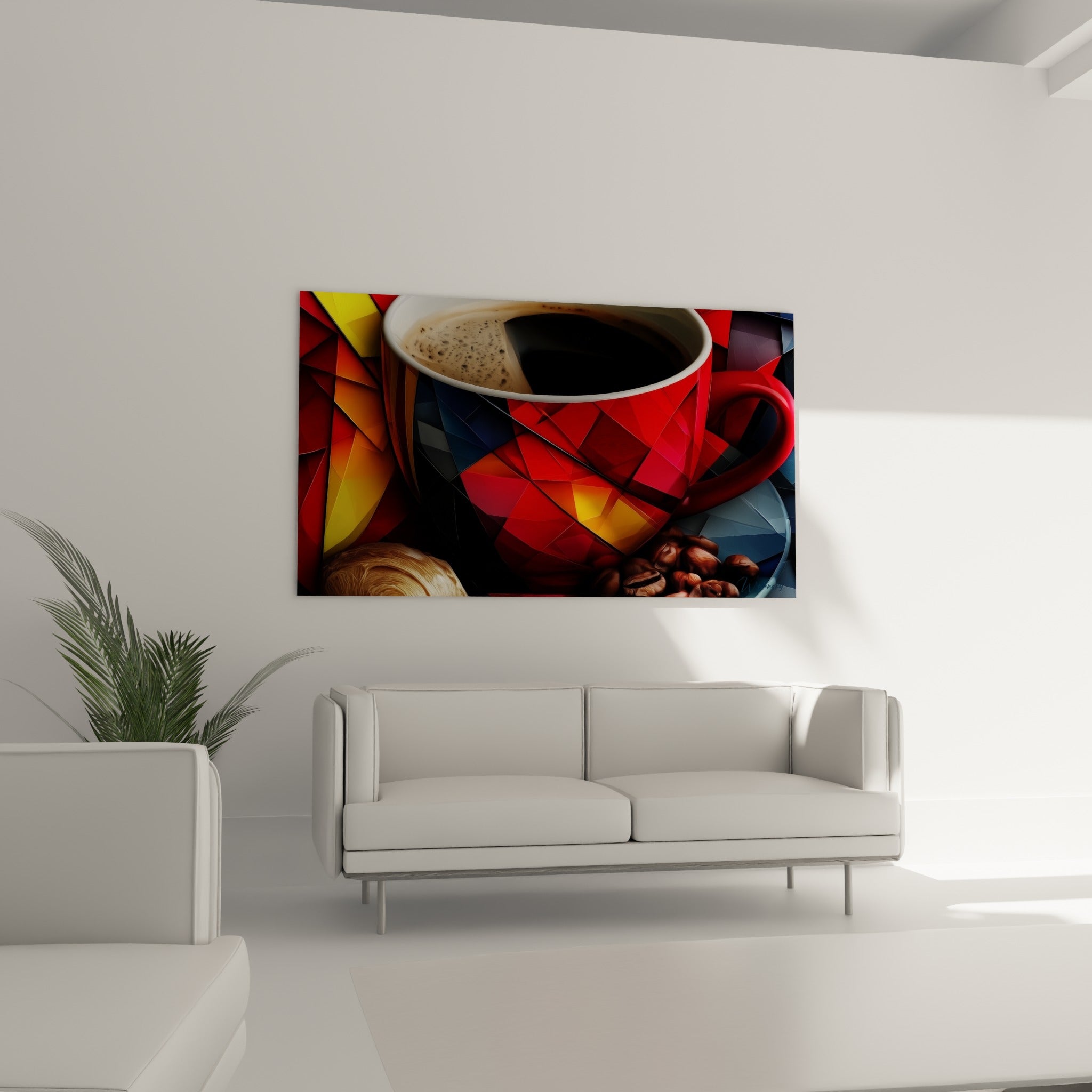 Tasse fumante rouge et jaune aux éclats anthracite, au-dessus d'un canapé dans un salon lumineux