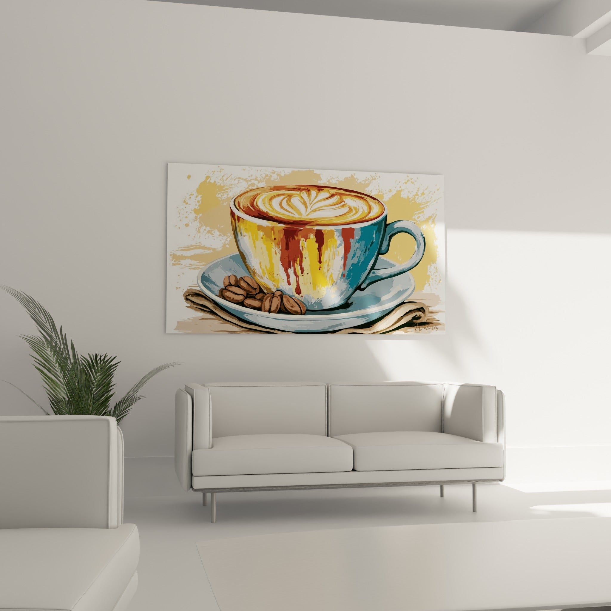 Cappuccino aux coulures terracotta et tasse bleu pétrole, au-dessus d'un canapé dans un salon lumineux