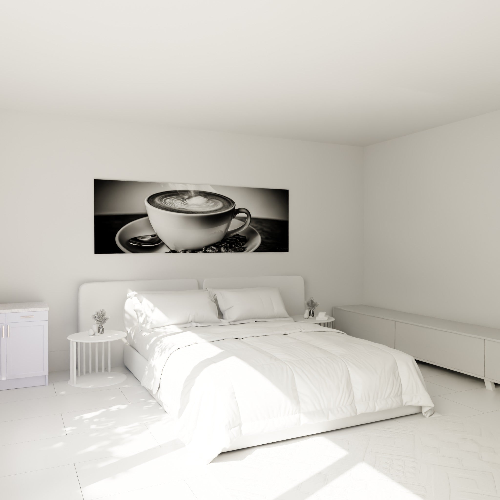 Tasse de café fumante en noir et blanc, motif crème, accrochée au-dessus d'un lit dans une chambre claire.