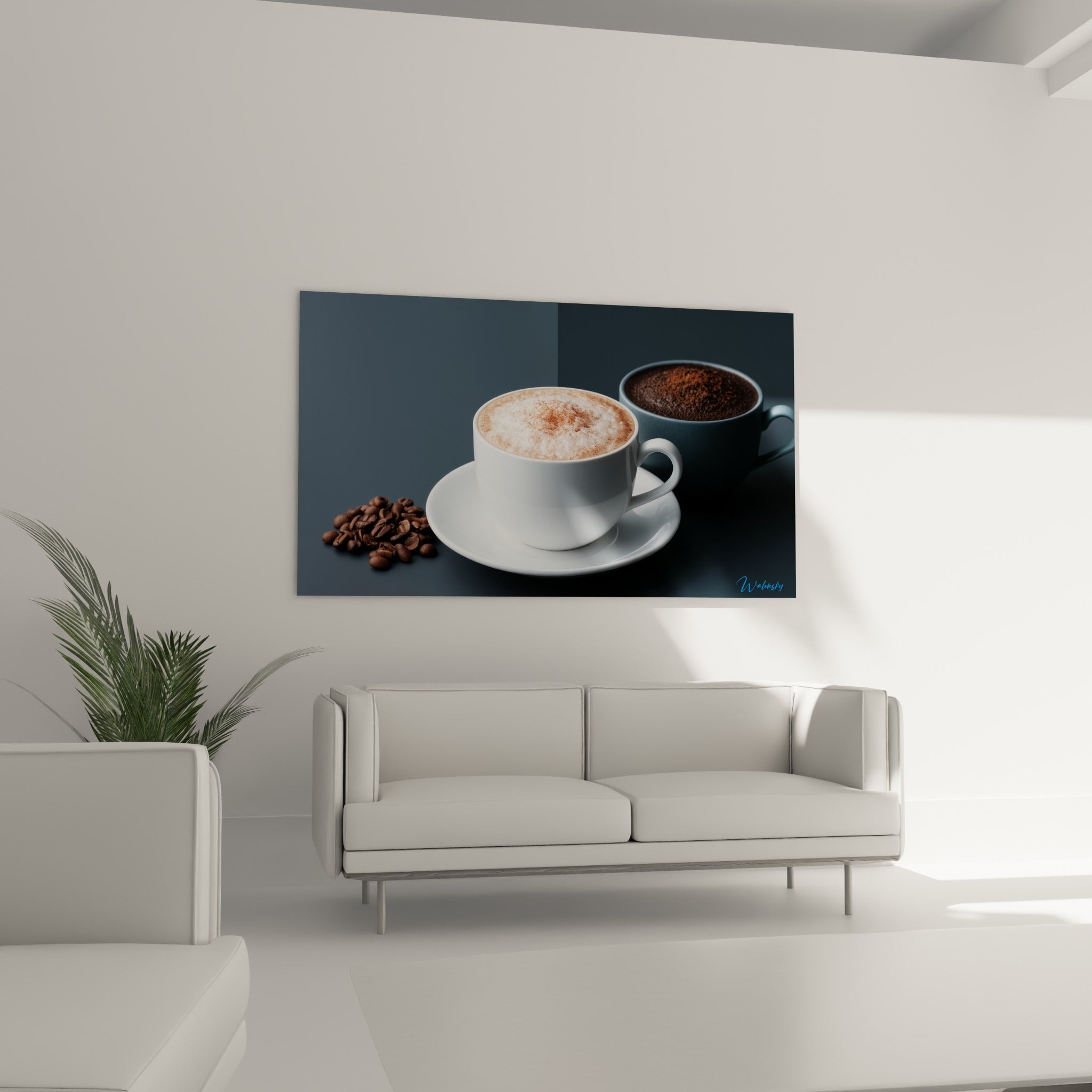 Grains bruns torréfiés et tasse anthracite en arrière-plan, au-dessus d'un canapé dans un salon lumineux