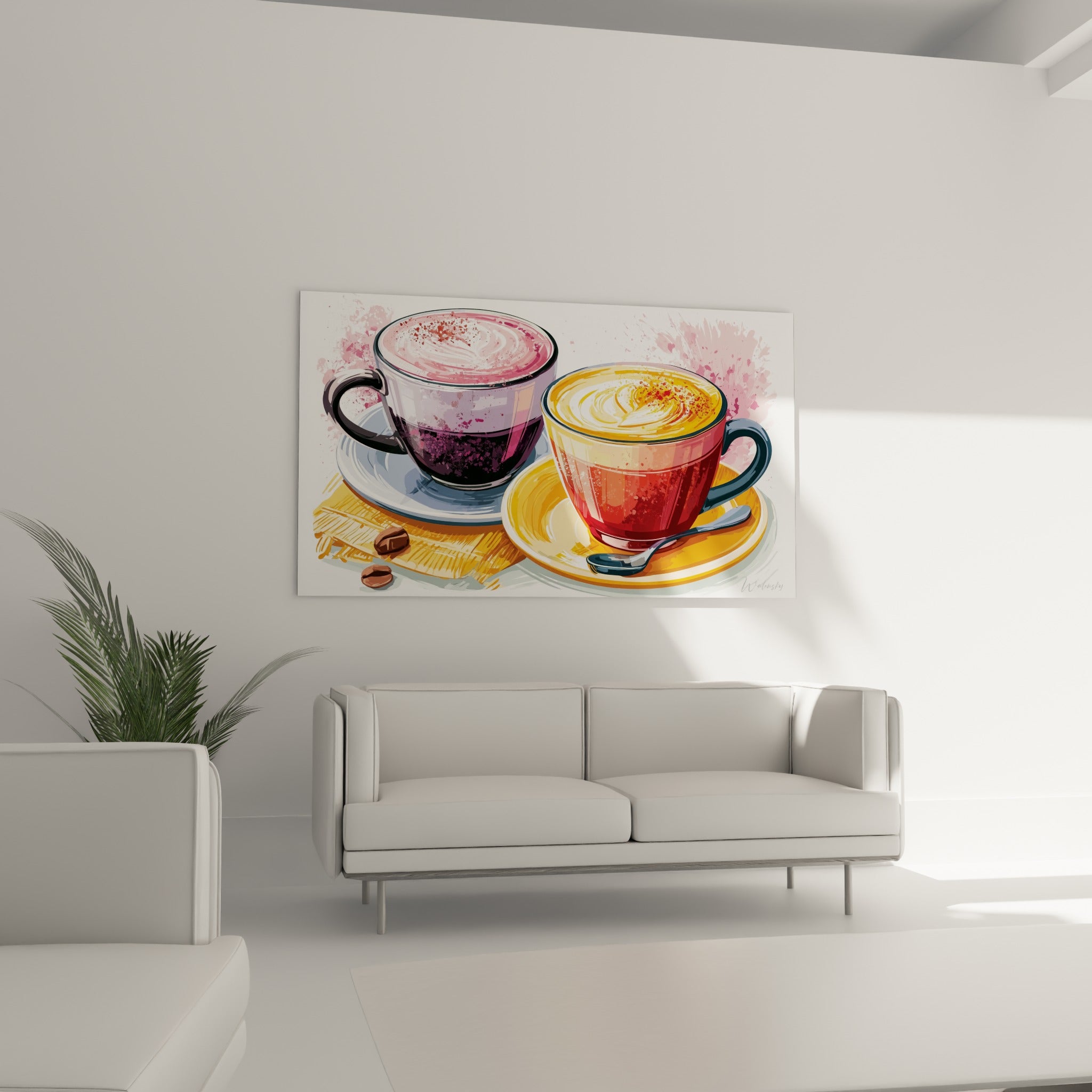 Illustration de tasses café rouge et violette accrochée au-dessus d'un canapé dans un salon lumineux