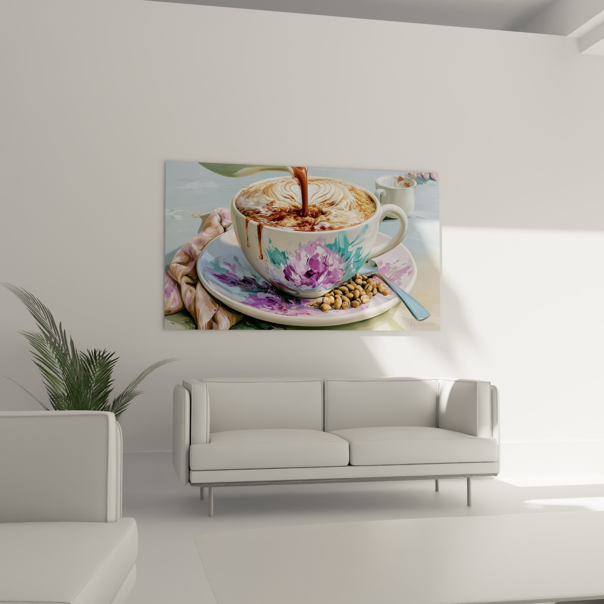 Grains de pistache dorés près d'une tasse mauve et turquoise, au-dessus d'un canapé dans un salon lumineux