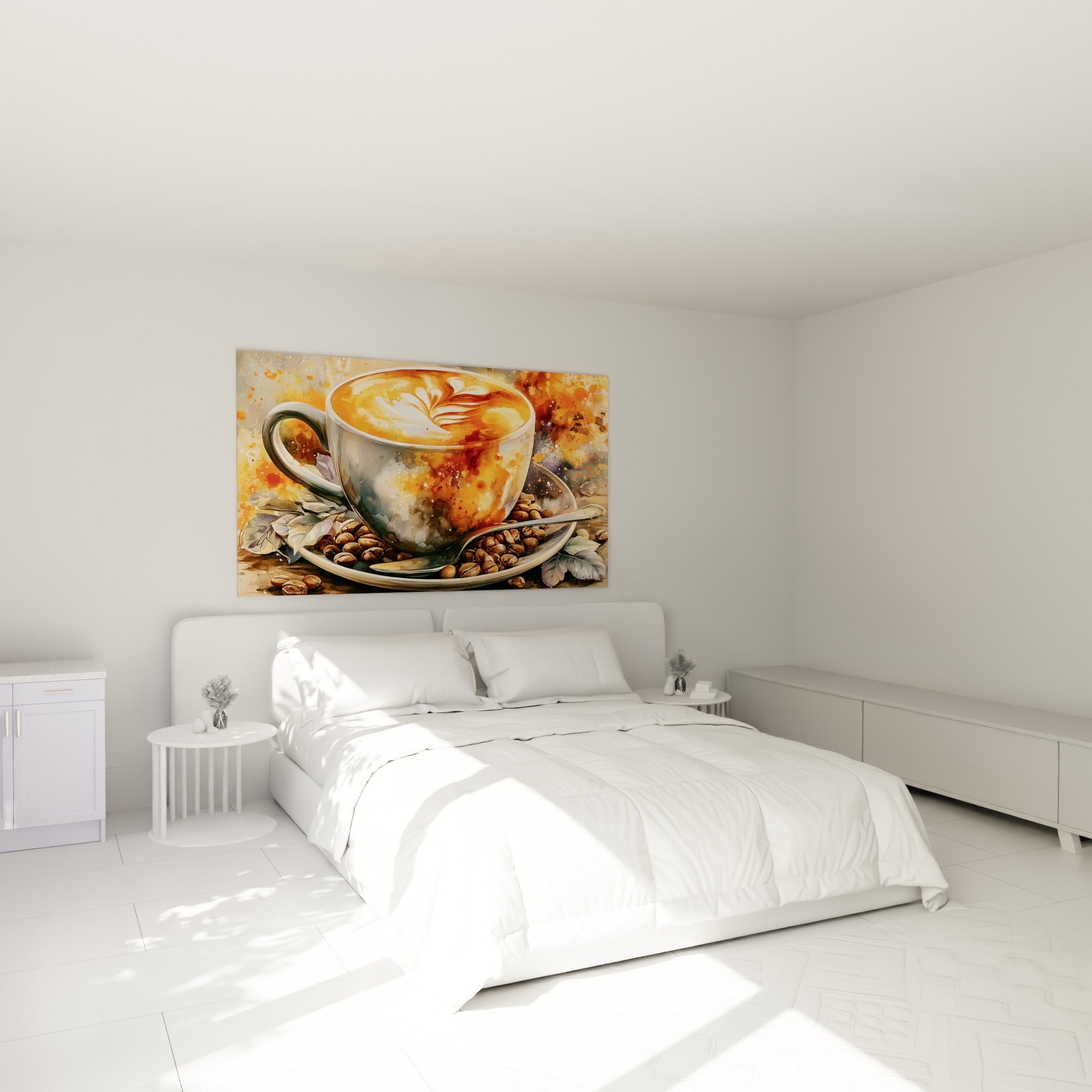 Cuillère argentée posée près de grains bruns sur ce tableau café, accroché au-dessus d'un lit dans une chambre claire
