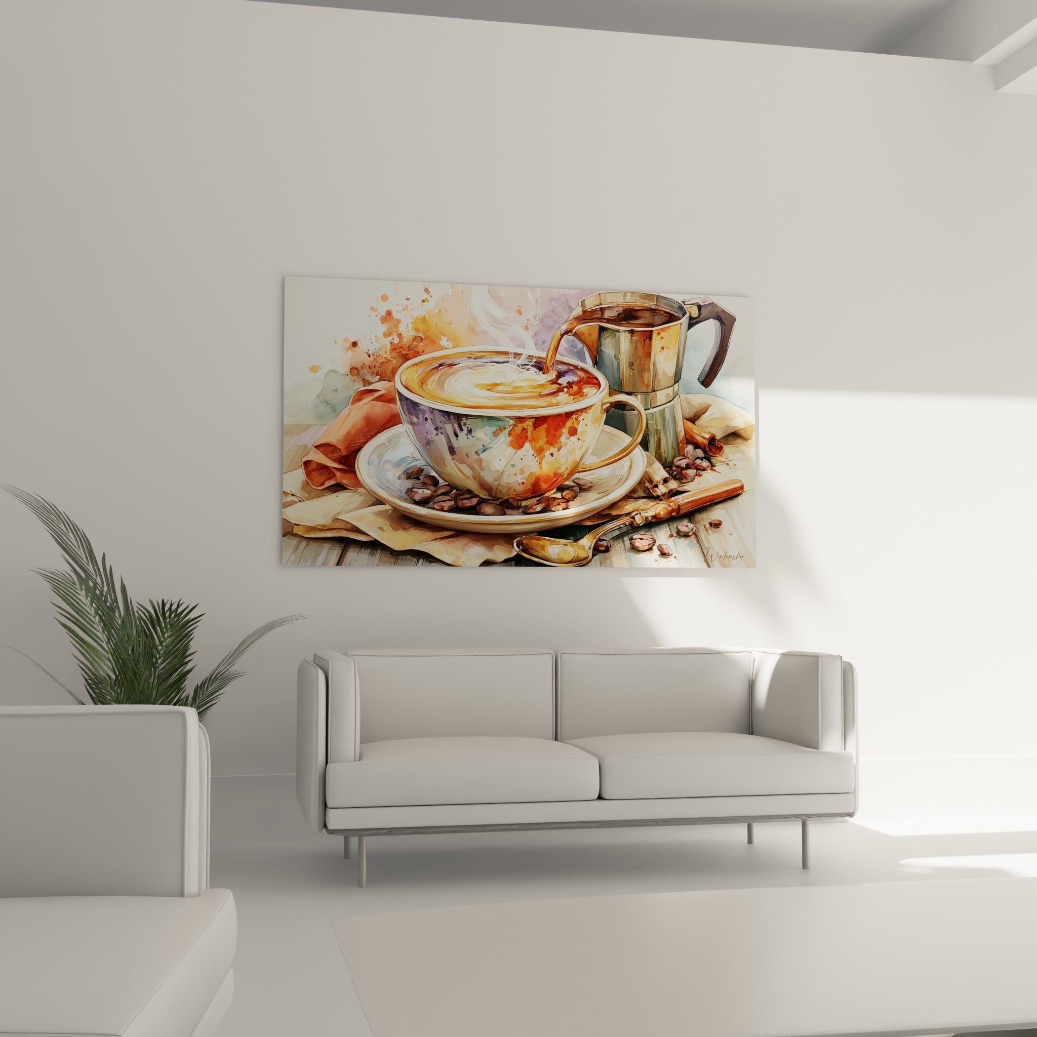 Grains de café bruns et cuillère dorée entourant une tasse terracotta au-dessus d'un canapé dans un salon lumineux