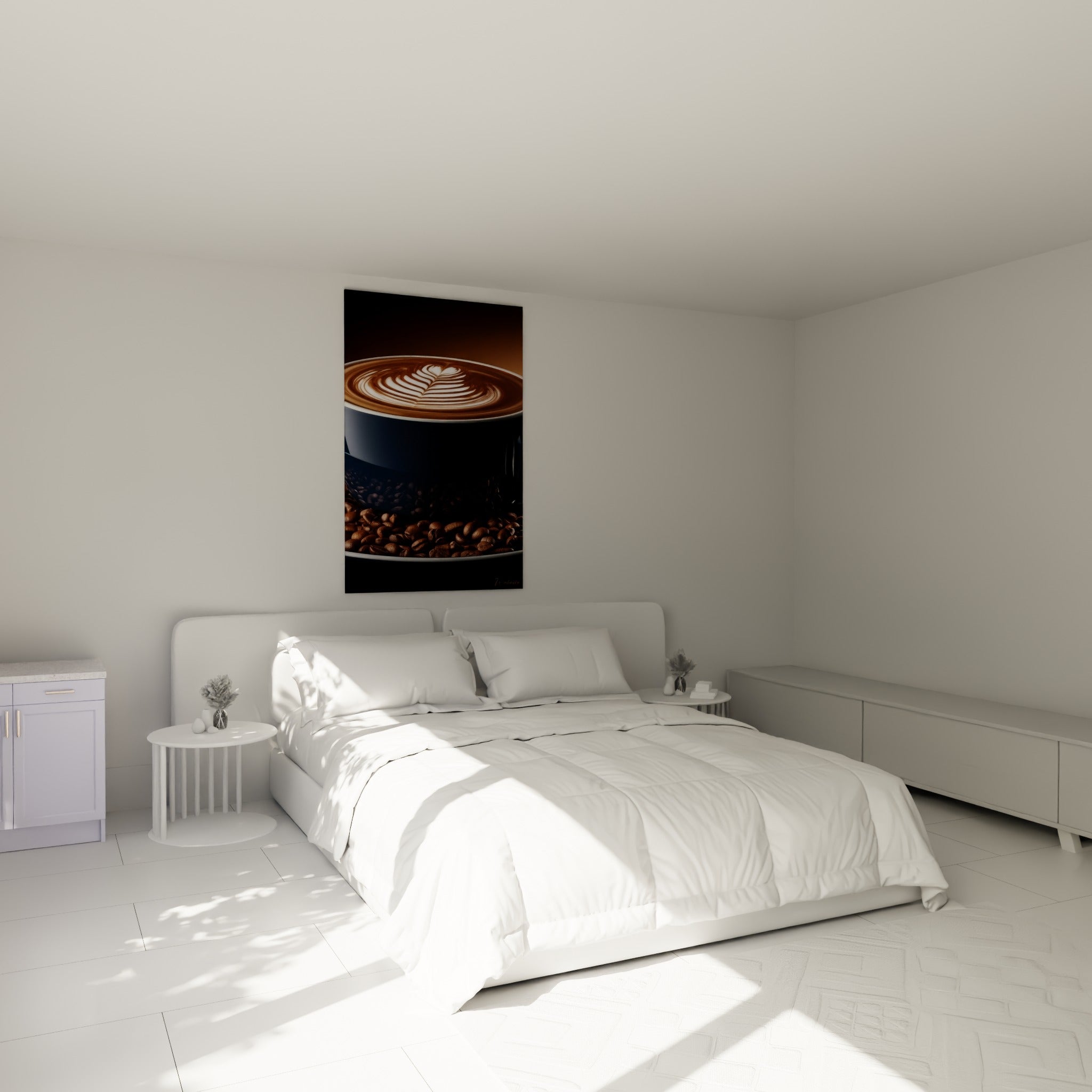 Café au latte art crème et tasse anthracite accroché au-dessus d'un lit dans une chambre claire