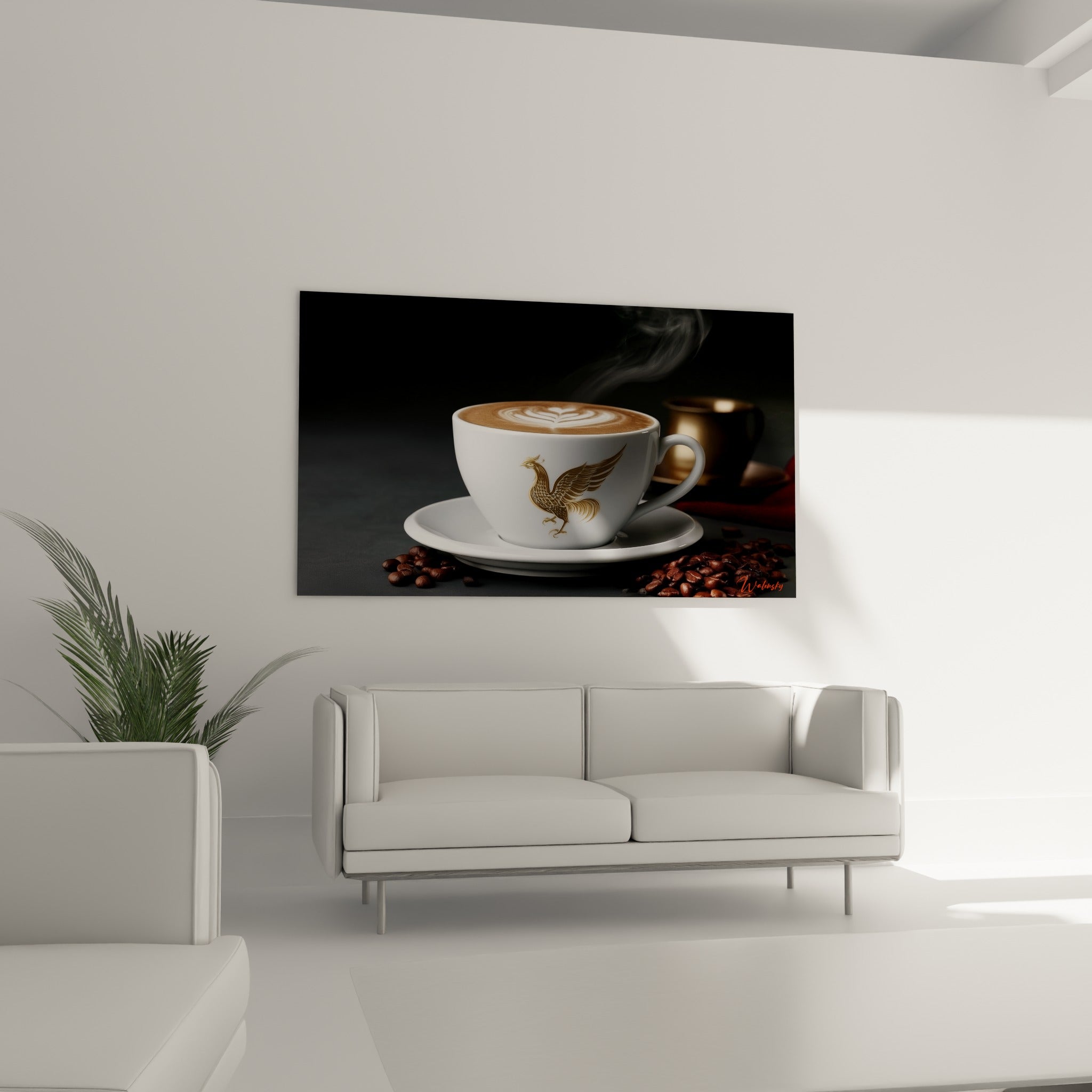 Porcelaine blanche ornée de doré et grains bruns torréfiés au-dessus d'un canapé dans un salon lumineux