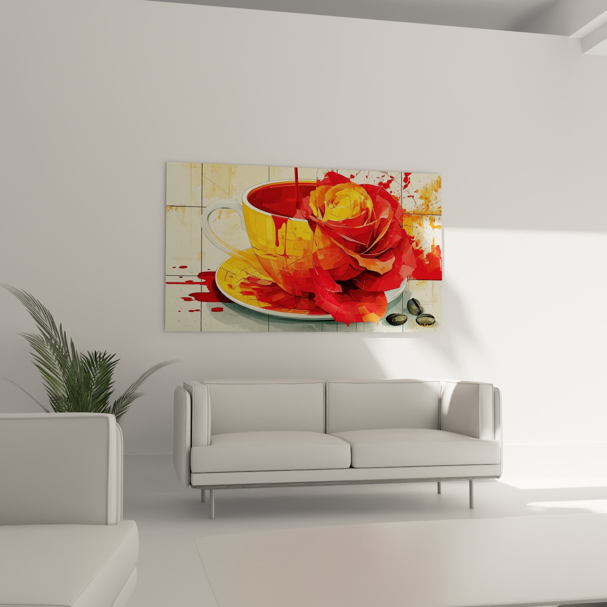 Grains de café sombres et rose orangée composent la scène, au-dessus d'un canapé dans un salon lumineux
