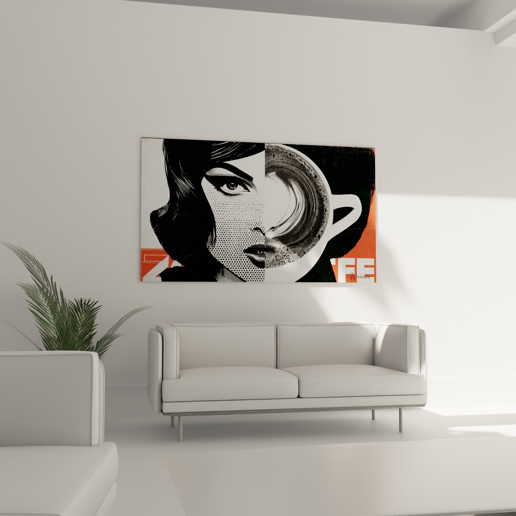 Composition graphique café en noir, blanc et orangé vif, au-dessus d'un canapé dans un salon lumineux