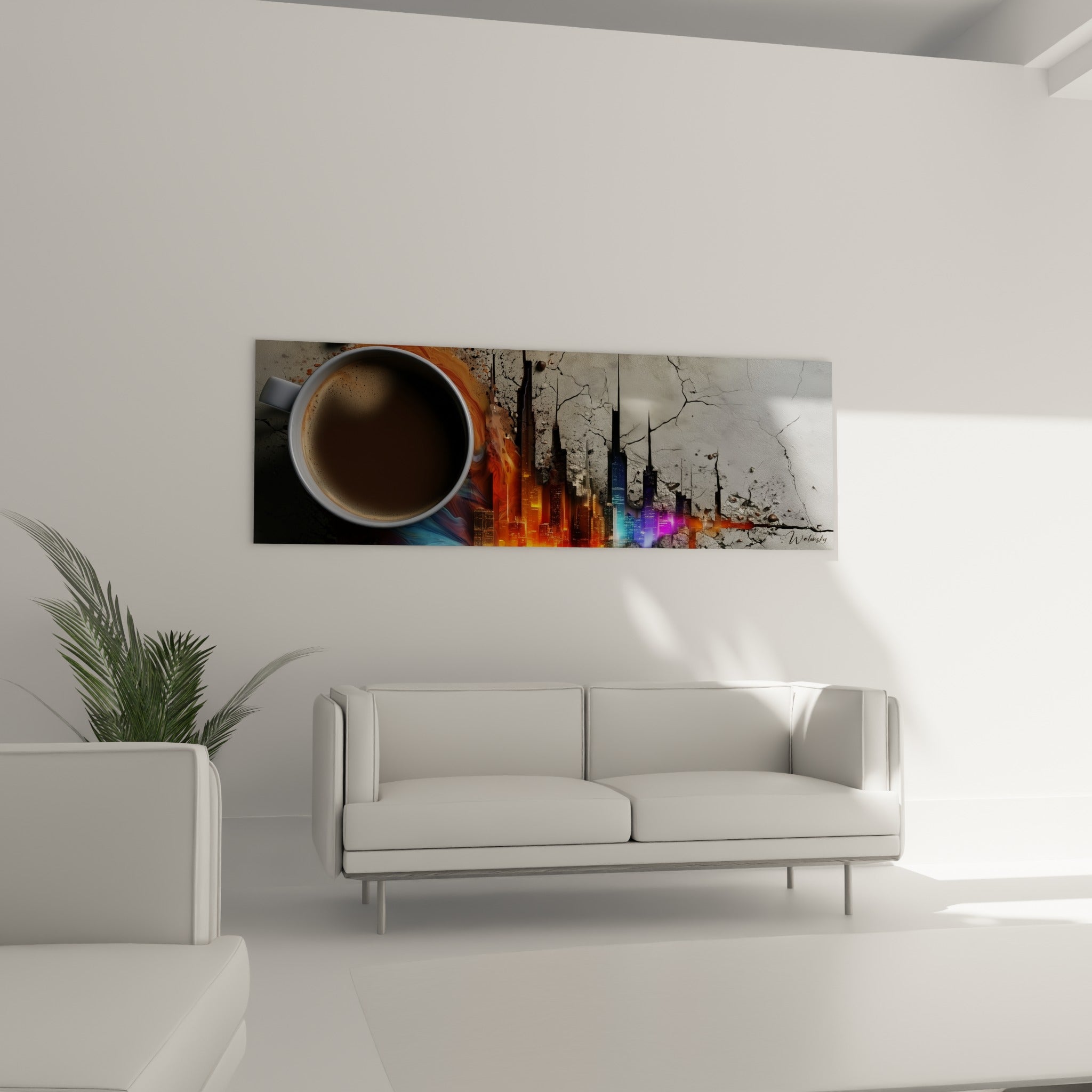 Ville illuminée en violet et doré jaillissant d'un café fumant, au-dessus d'un canapé dans un salon lumineux