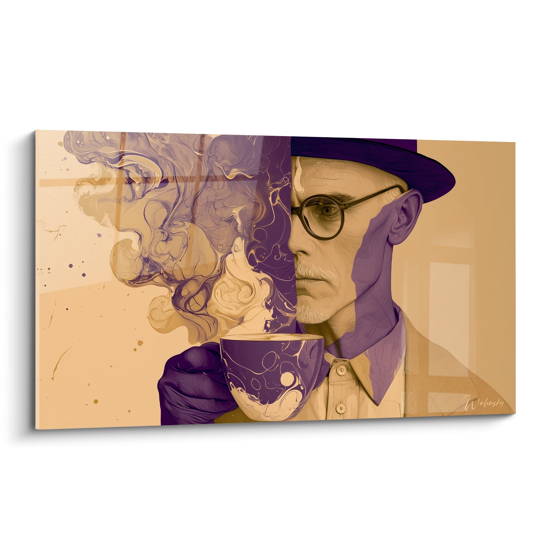 Homme au chapeau violet savourant un café, fumée ocre et mauve en volutes graphiques