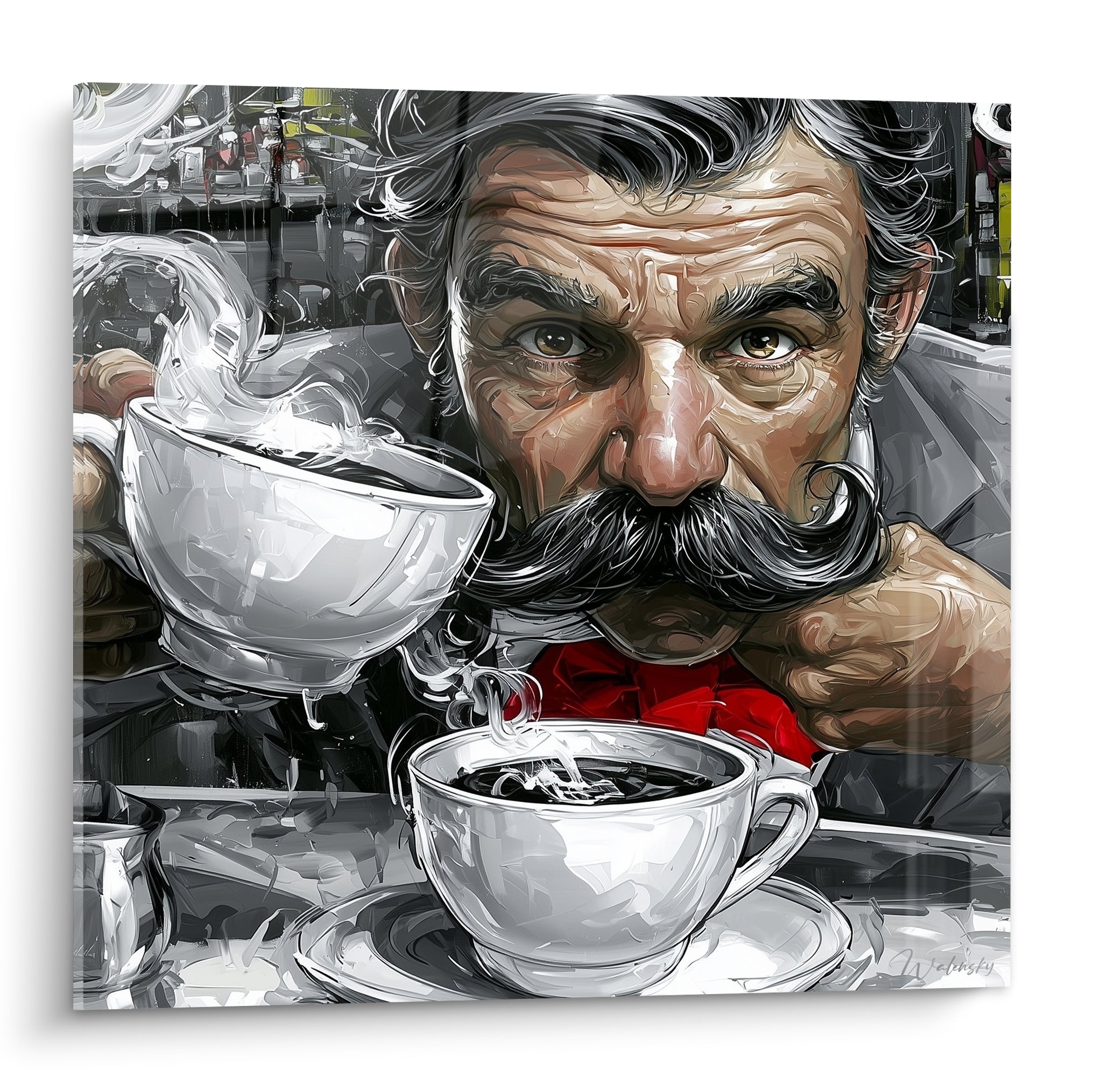 Homme moustachu tenant une tasse fumante, contraste noir, blanc et rouge intense sur ce tableau café.
