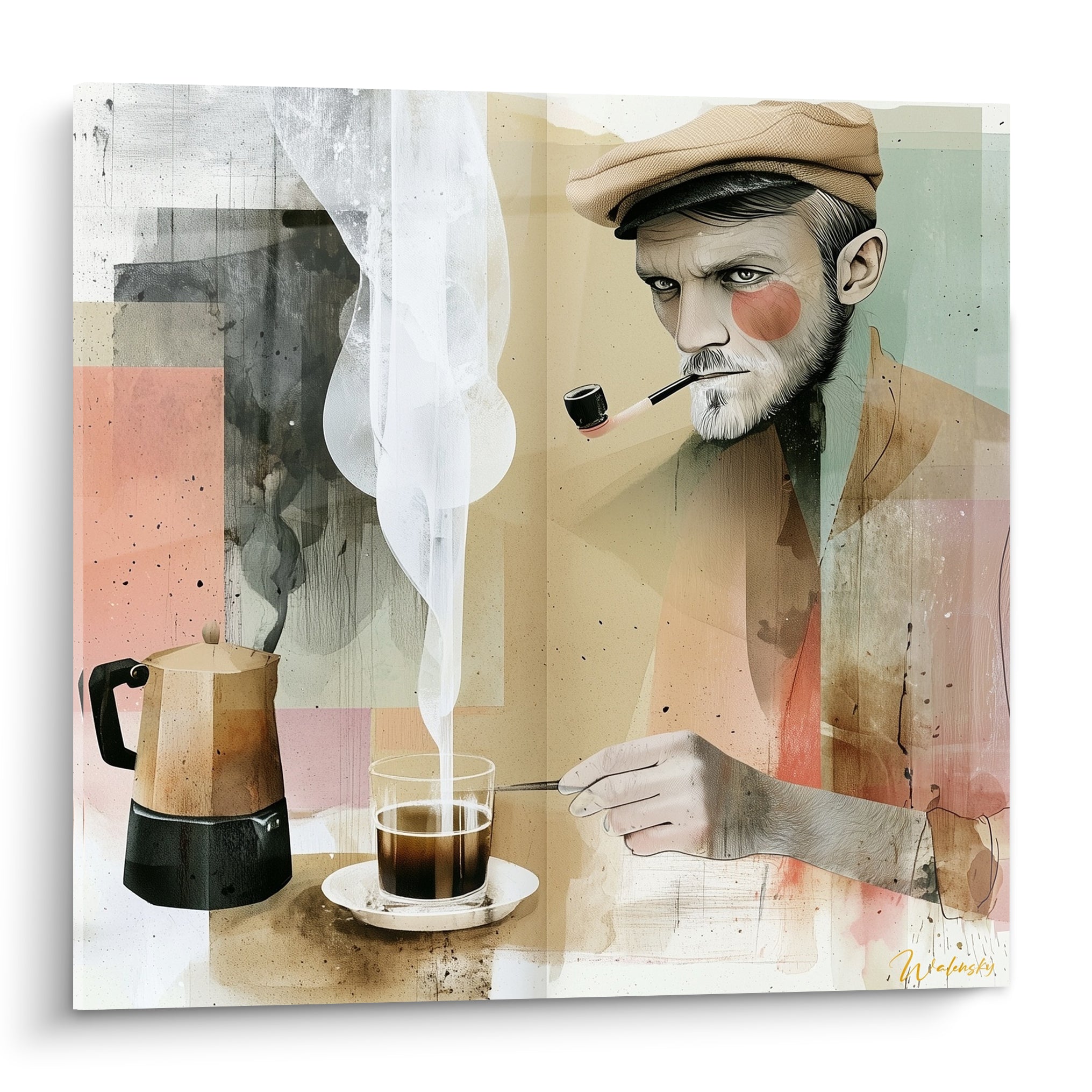 Homme à casquette beige fumant la pipe près d'une cafetière fumante, tons rose poudré et anthracite