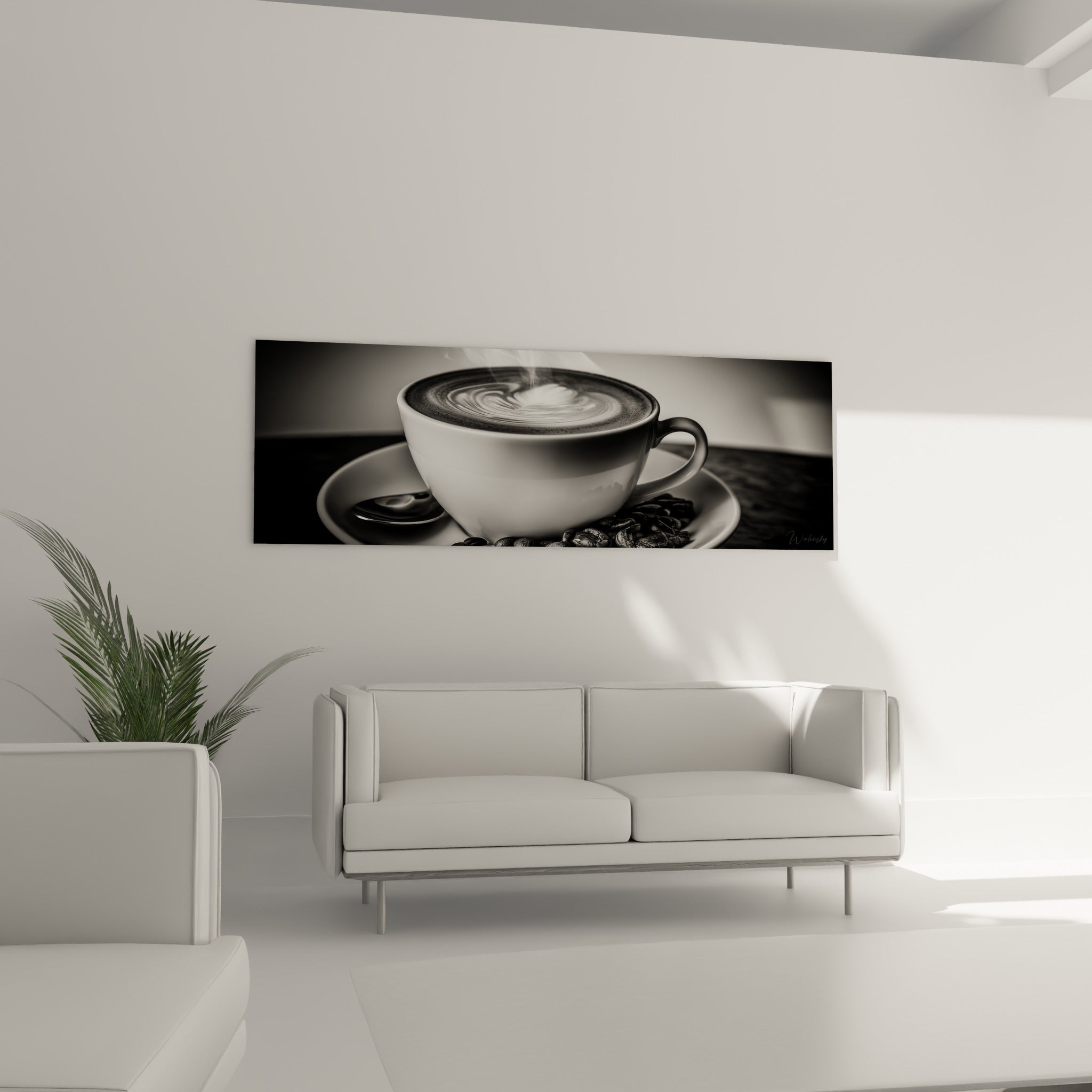 Grains de café bruns et vapeur blanche entourant une tasse noire et blanche, au-dessus d'un canapé dans un salon lumineux.