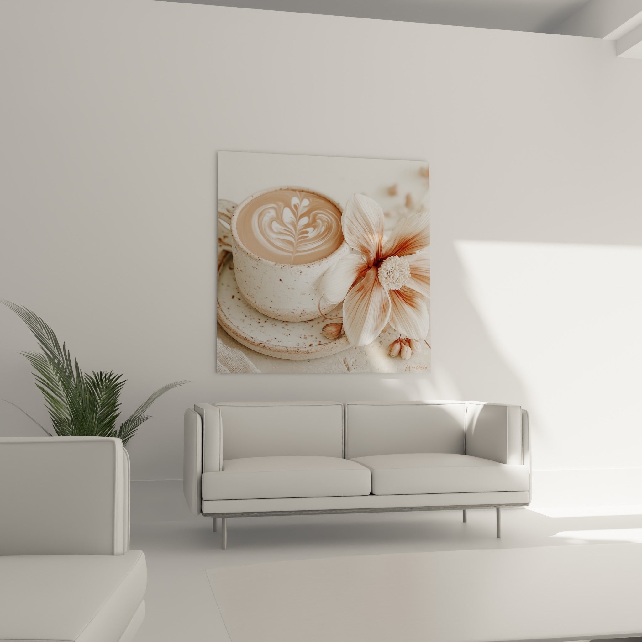 Tasse blanche mouchetée et pétales terracotta d'une fleur délicate, au-dessus d'un canapé dans un salon lumineux