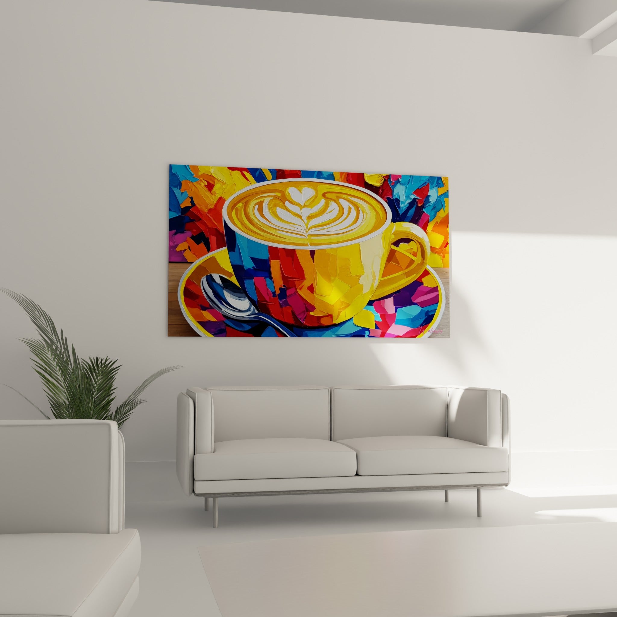 Cappuccino orangé et bleu à la rosace blanche, au-dessus d'un canapé dans un salon lumineux