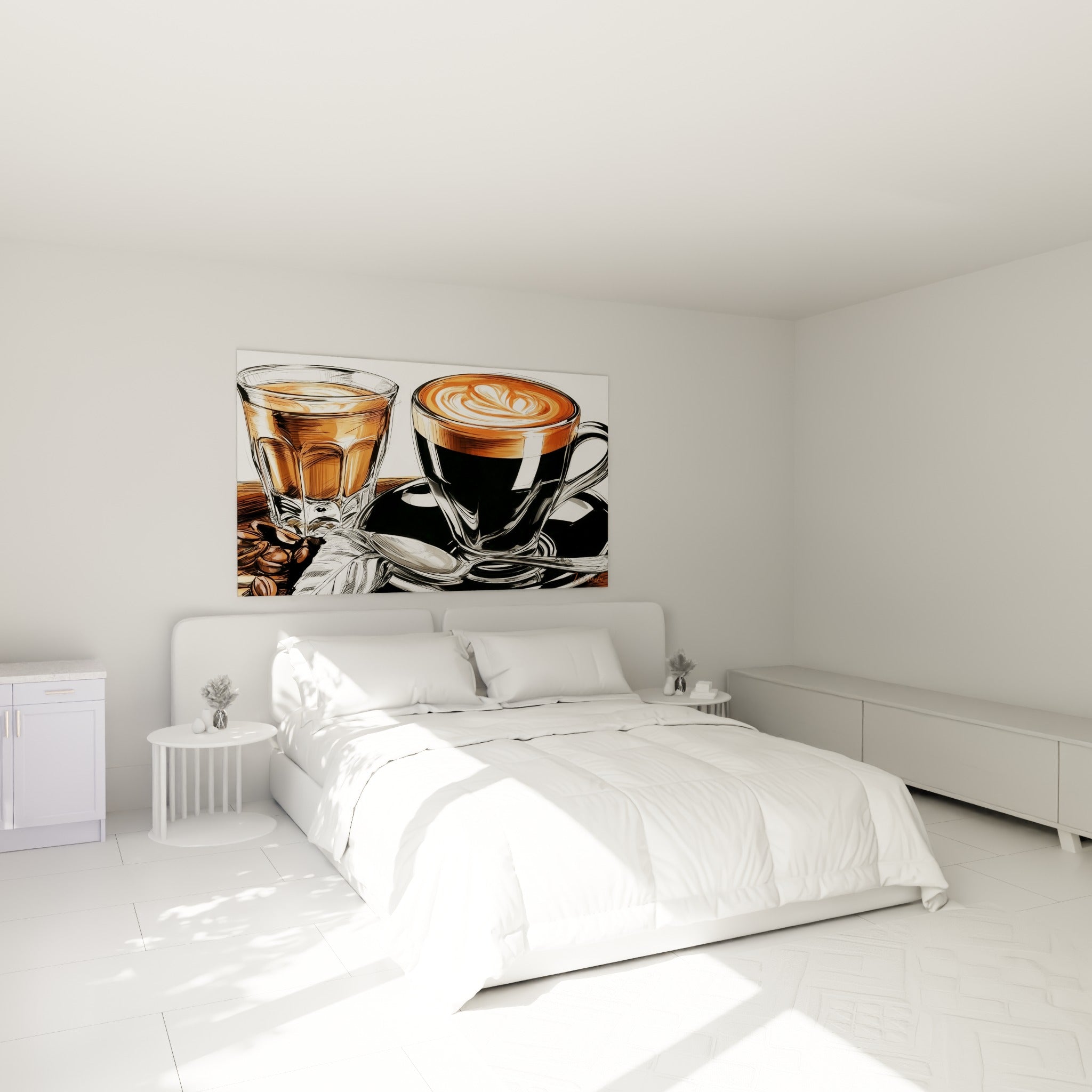 Cappuccino noir et crème ambrée illustré au-dessus d'un lit dans une chambre claire