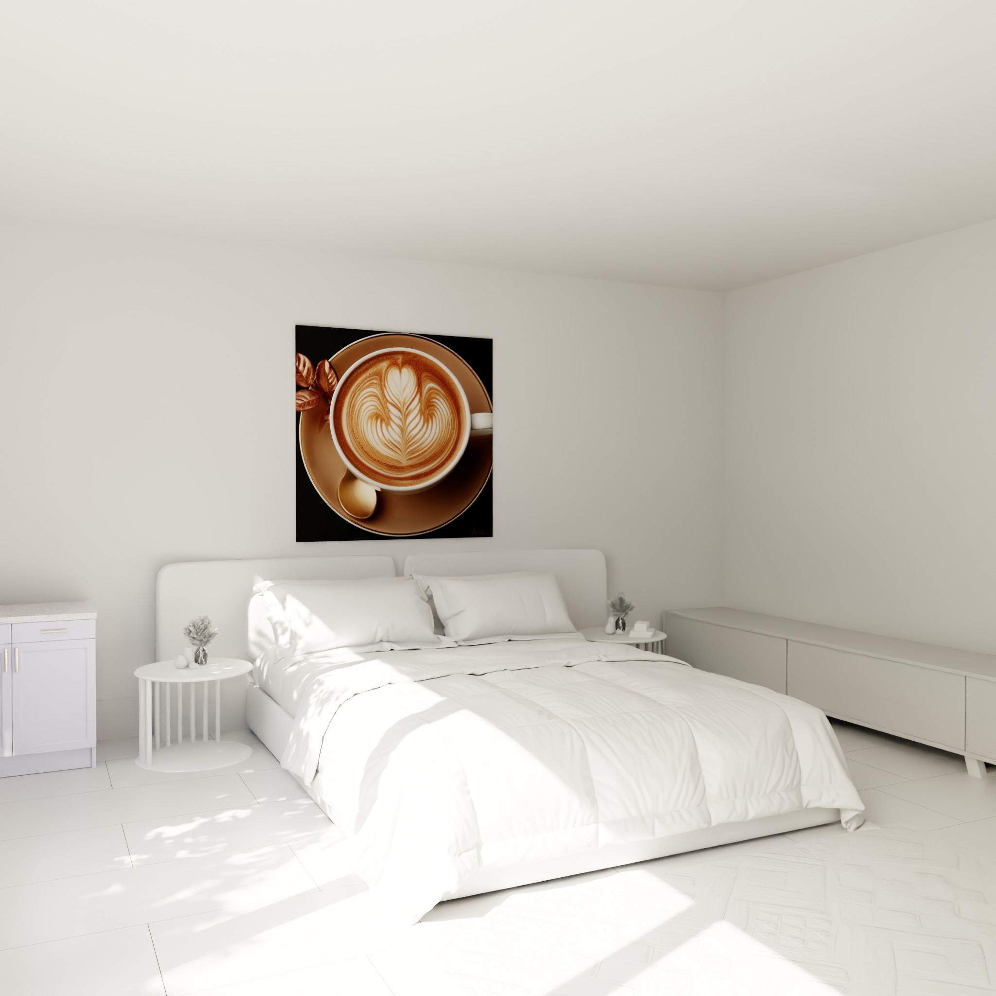 Tasse de café à la mousse dessinée en brun et blanc, accrochée au-dessus d'un lit dans une chambre claire