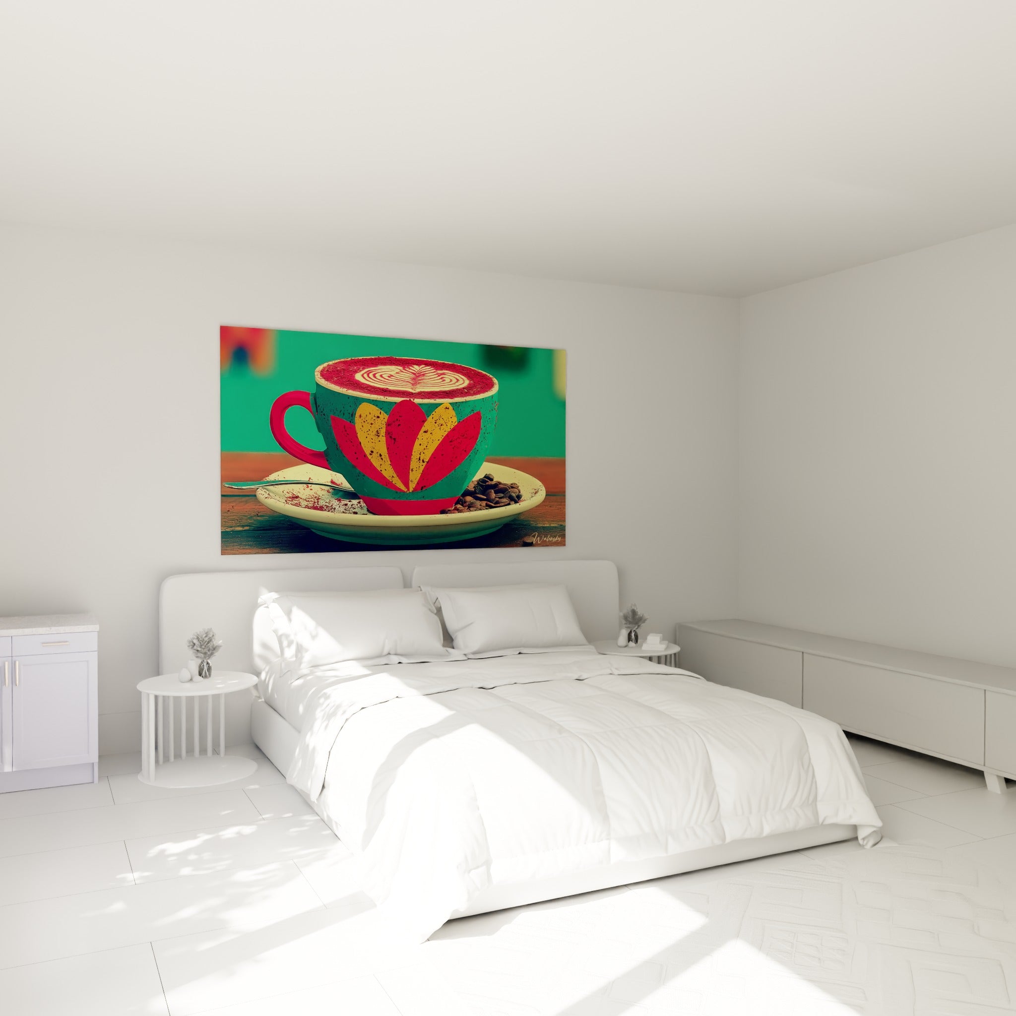 Café fleuri rose et vert émeraude, tableau accroché au-dessus d'un lit dans une chambre claire