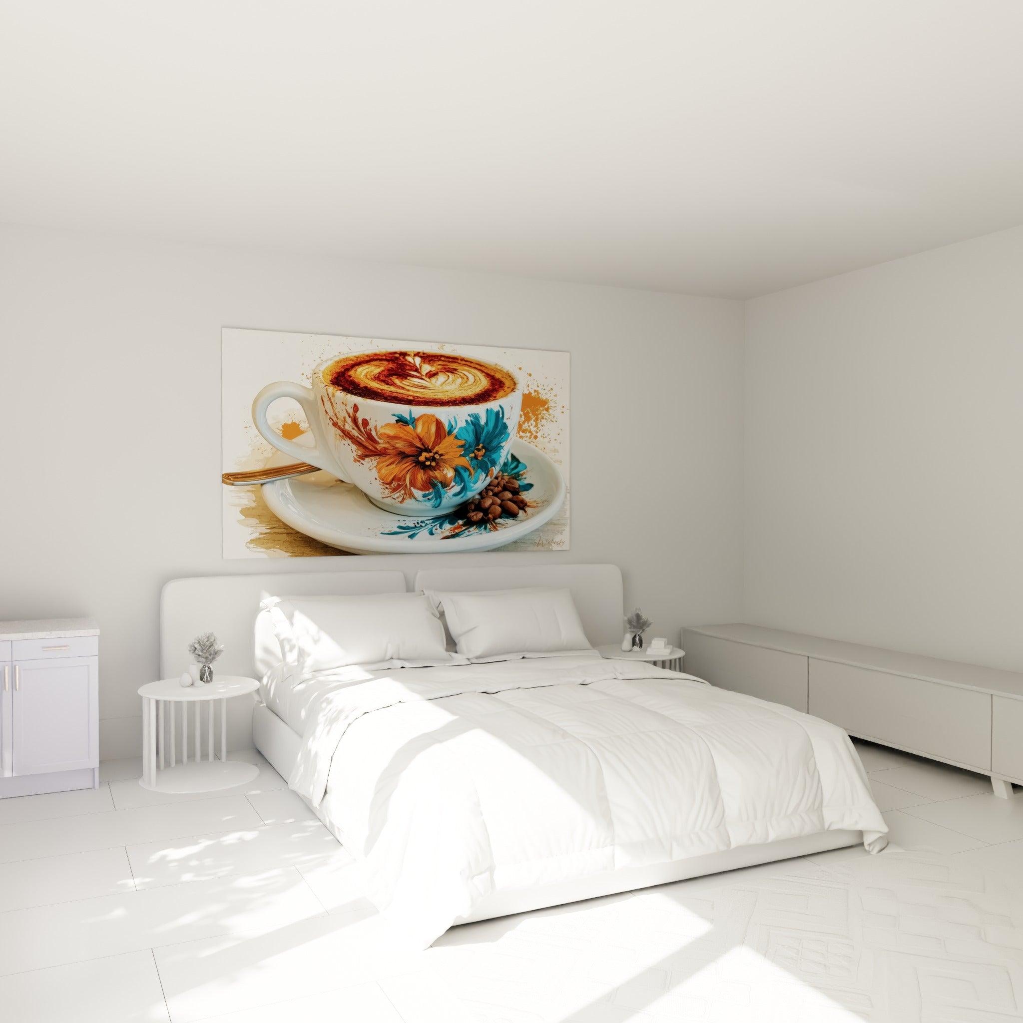 Latte art doré et fleurs bleu canard peintes au-dessus d'un lit dans une chambre claire
