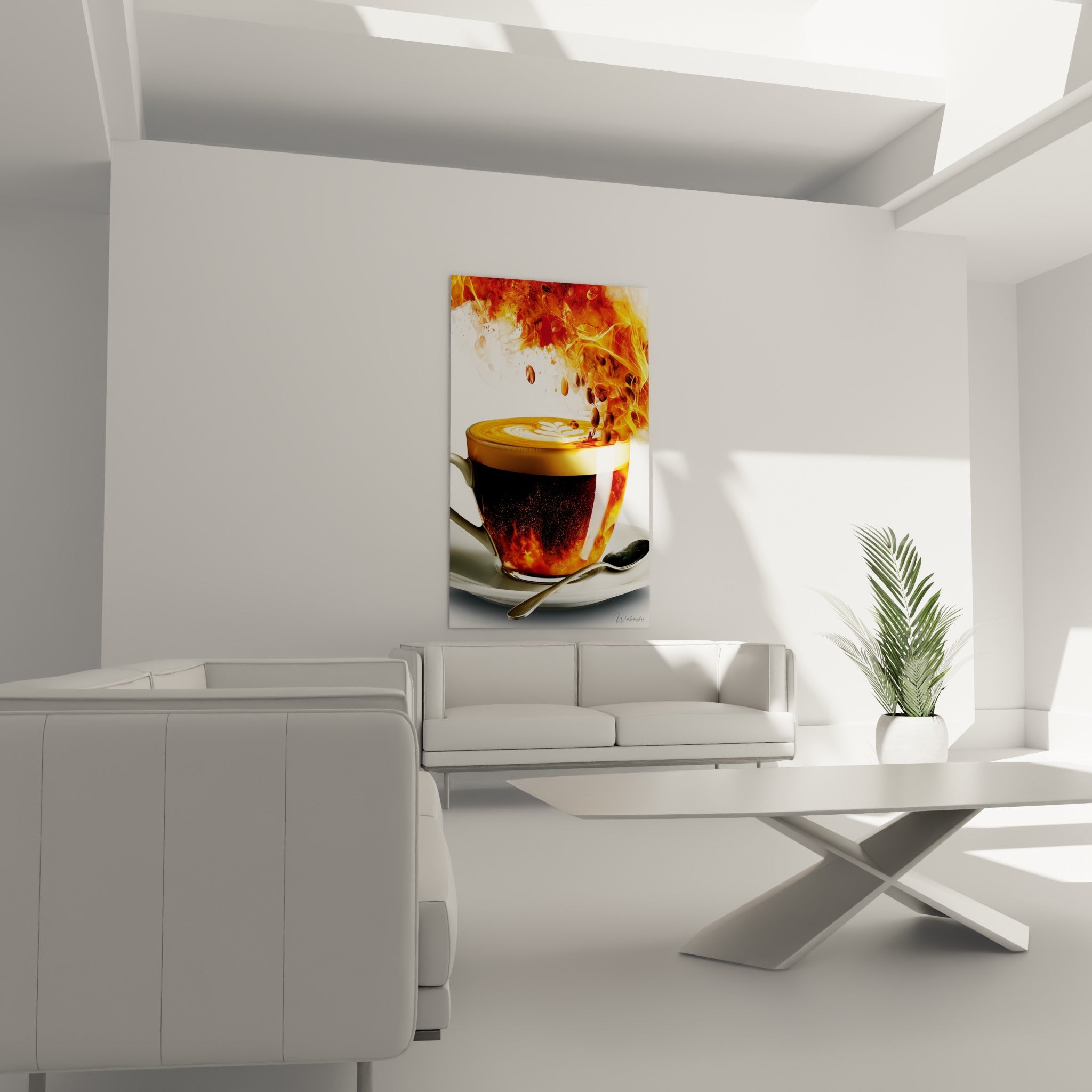 Grains de café noirs en suspension dans un tourbillon de flammes dorées, au-dessus d'un canapé dans un salon lumineux