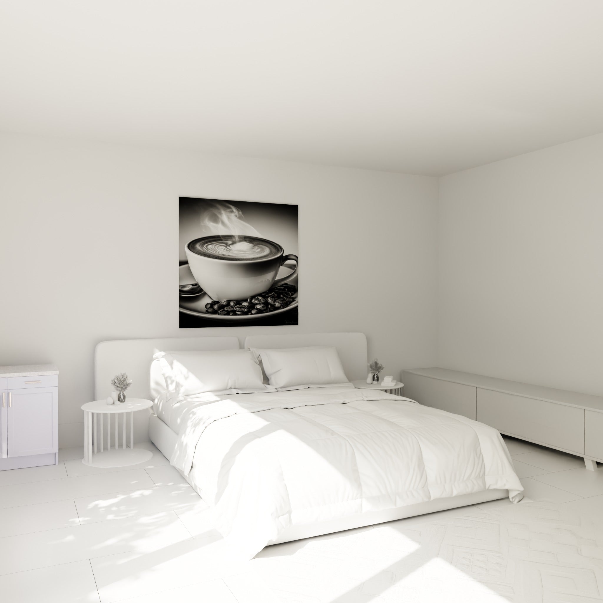 Grains torréfiés et tasse blanche fumante au-dessus d'un lit dans une chambre claire, tableau café