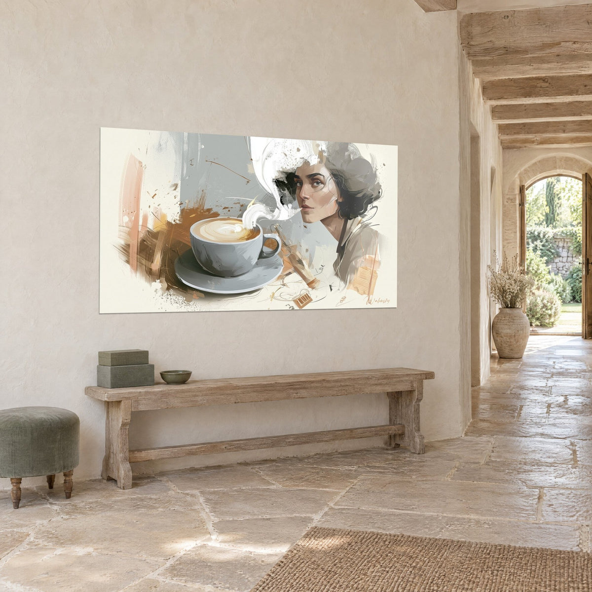 Quadro di un ritratto pensieroso dai capelli scuri accanto a una tazza grigia fumante, pennellate beige e rosa, su un muro di pietra