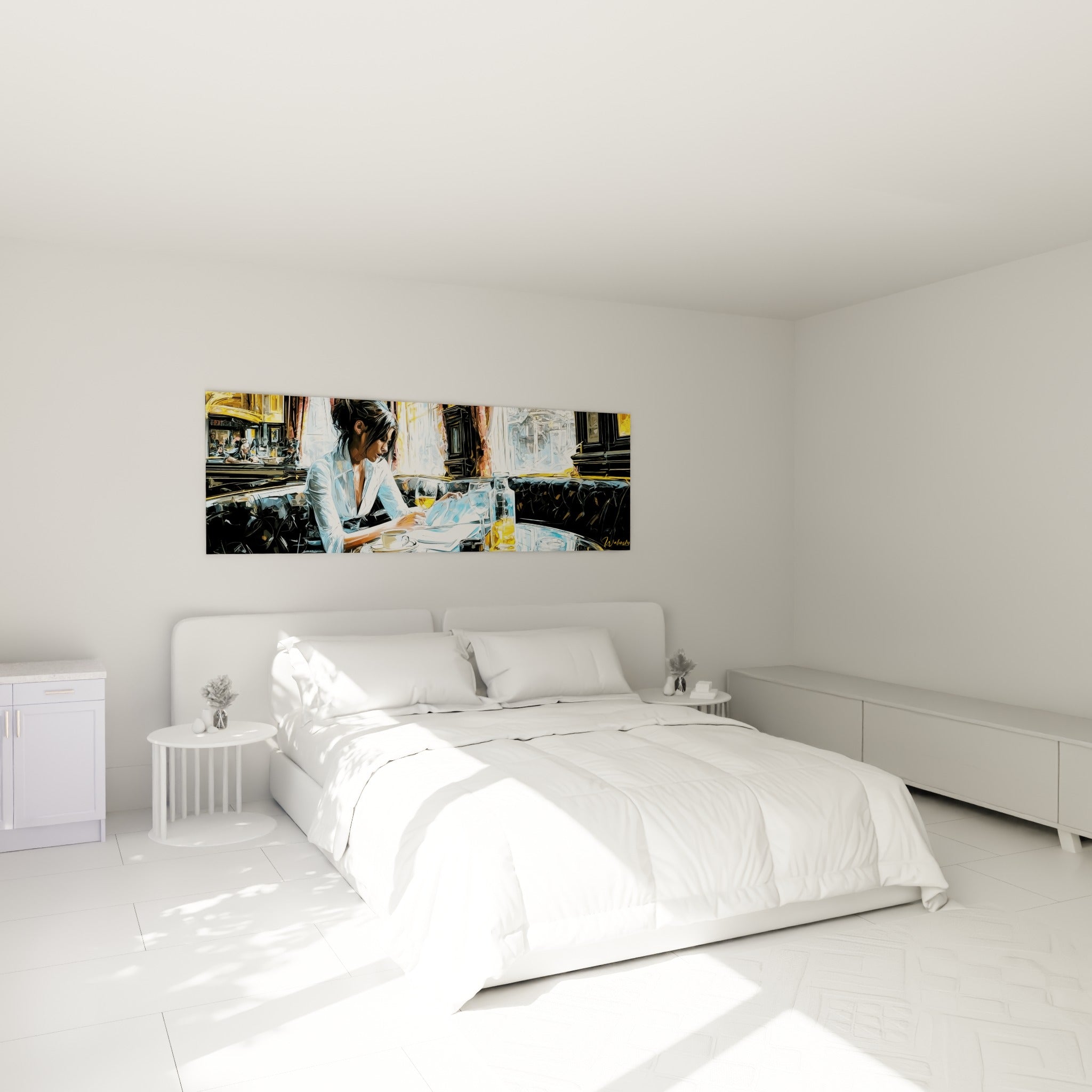 Silhouette brune penchée sur des papiers, tons dorés et blancs, tableau café au-dessus d'un lit dans une chambre claire