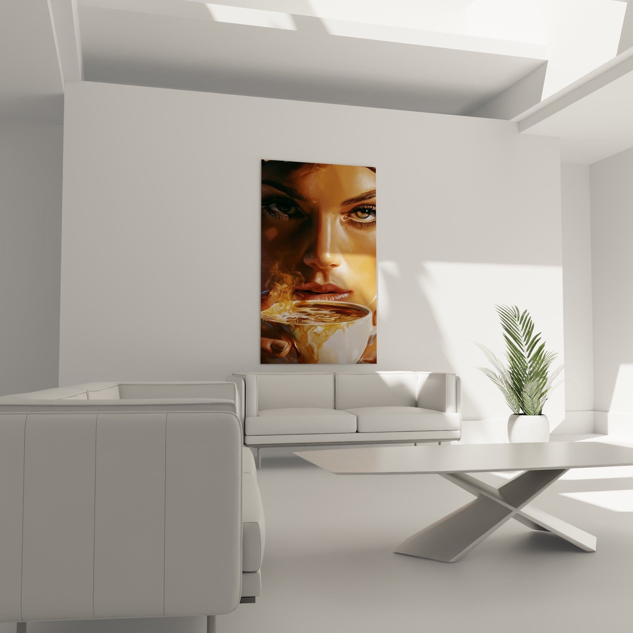 Lèvres roses effleurant une tasse brune et dorée, tableau café accroché au-dessus d'un canapé dans un salon lumineux