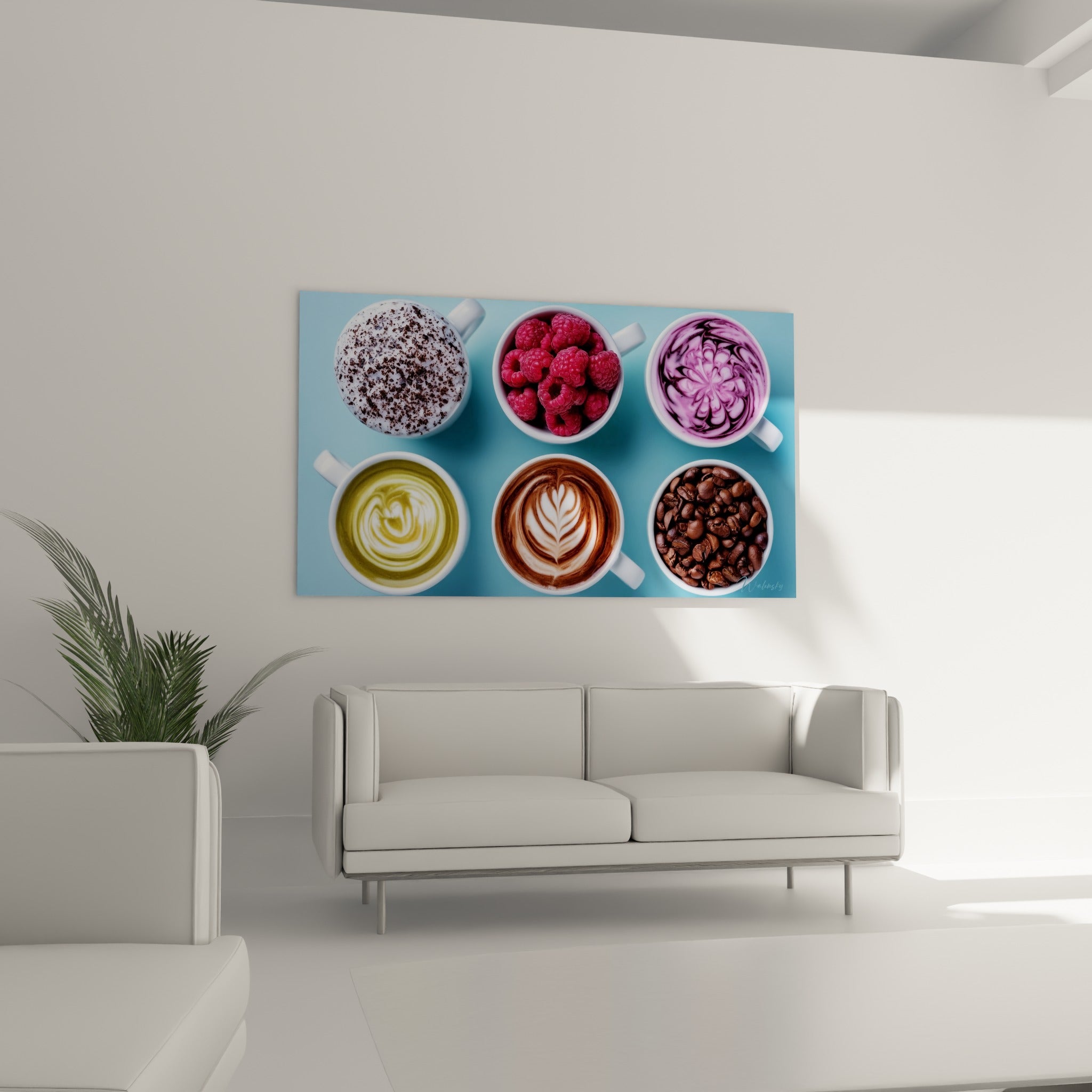 Composition de tasses café vert matcha et anthracite disposée au-dessus d'un canapé dans un salon lumineux
