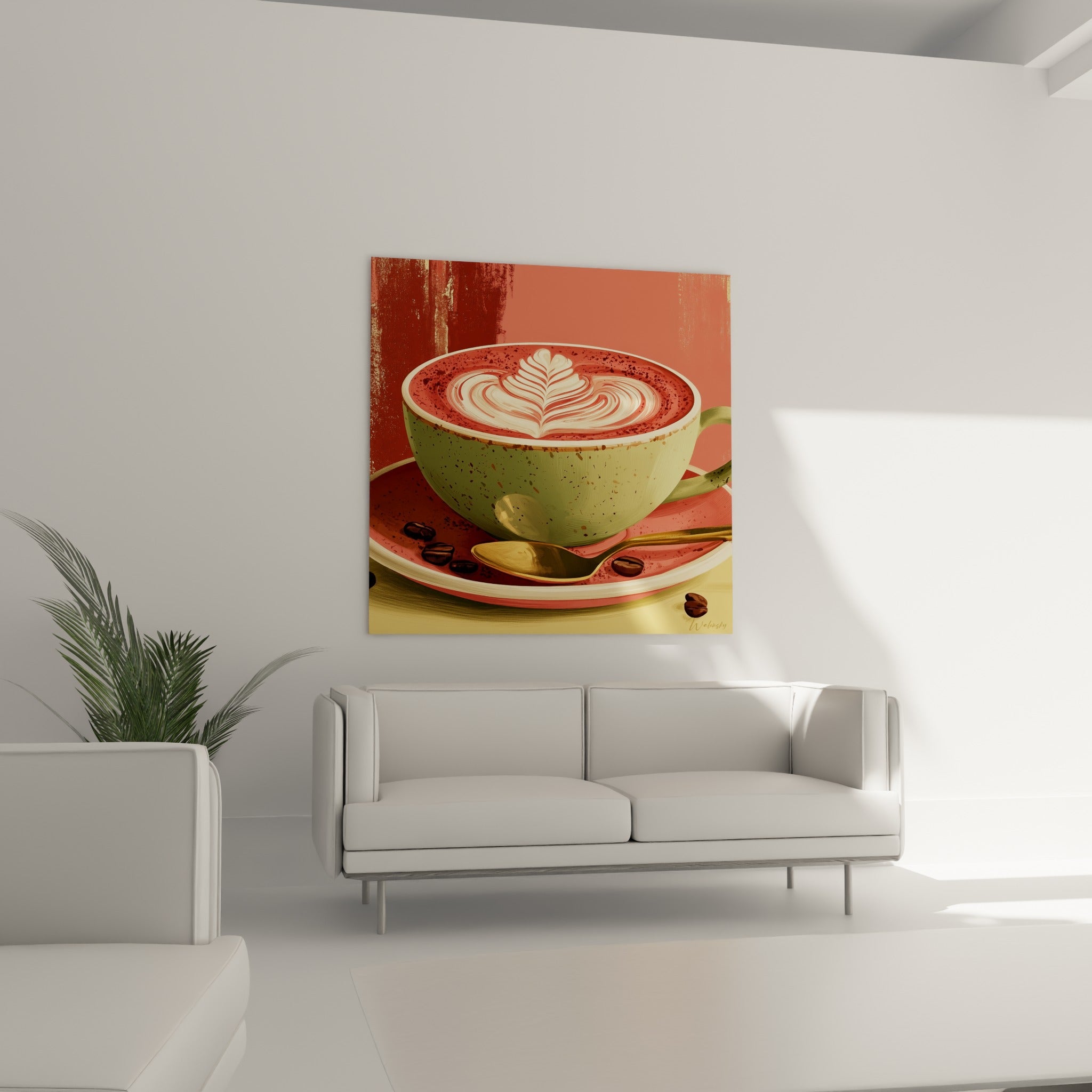 Latte art en feuille sur fond corail texturé, suspendu au-dessus d'un canapé dans un salon lumineux
