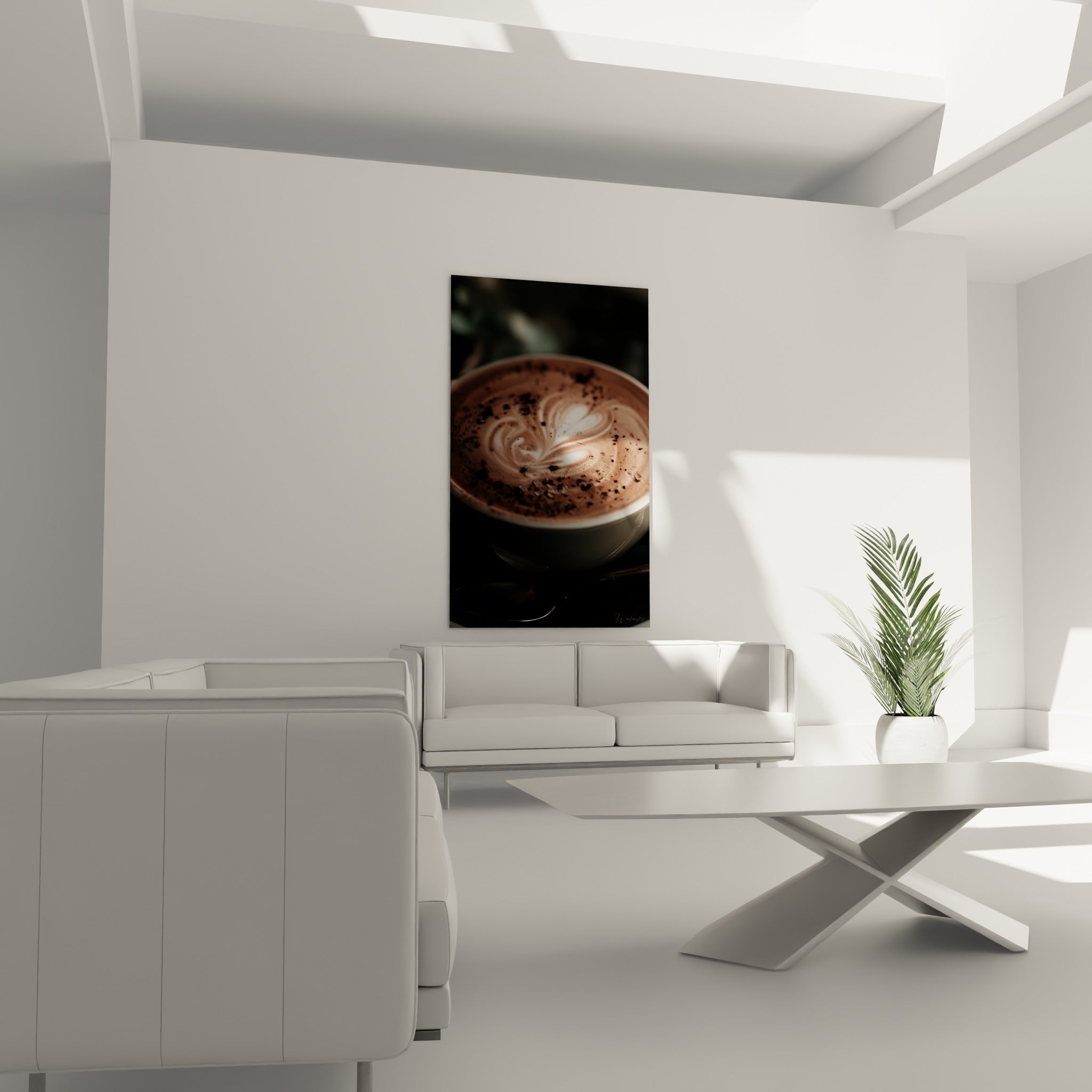 Motif floral en mousse crème sur café brun profond, disposé au-dessus d'un canapé dans un salon lumineux