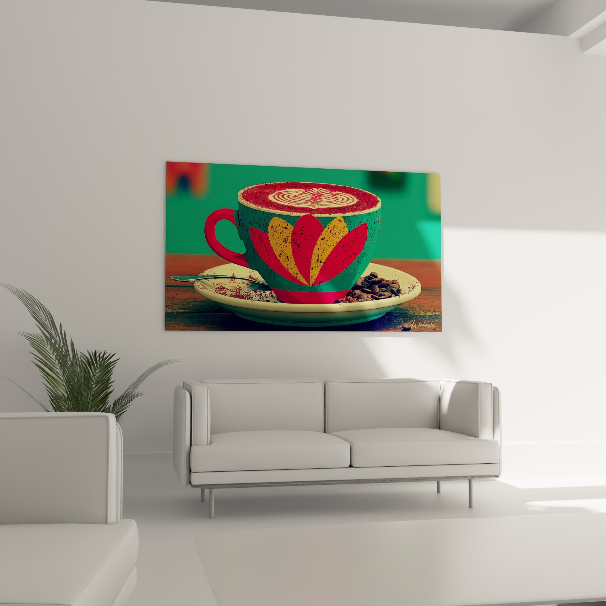 Latte art doré et tasse émeraude à fleur rose, œuvre au-dessus d'un canapé dans un salon lumineux