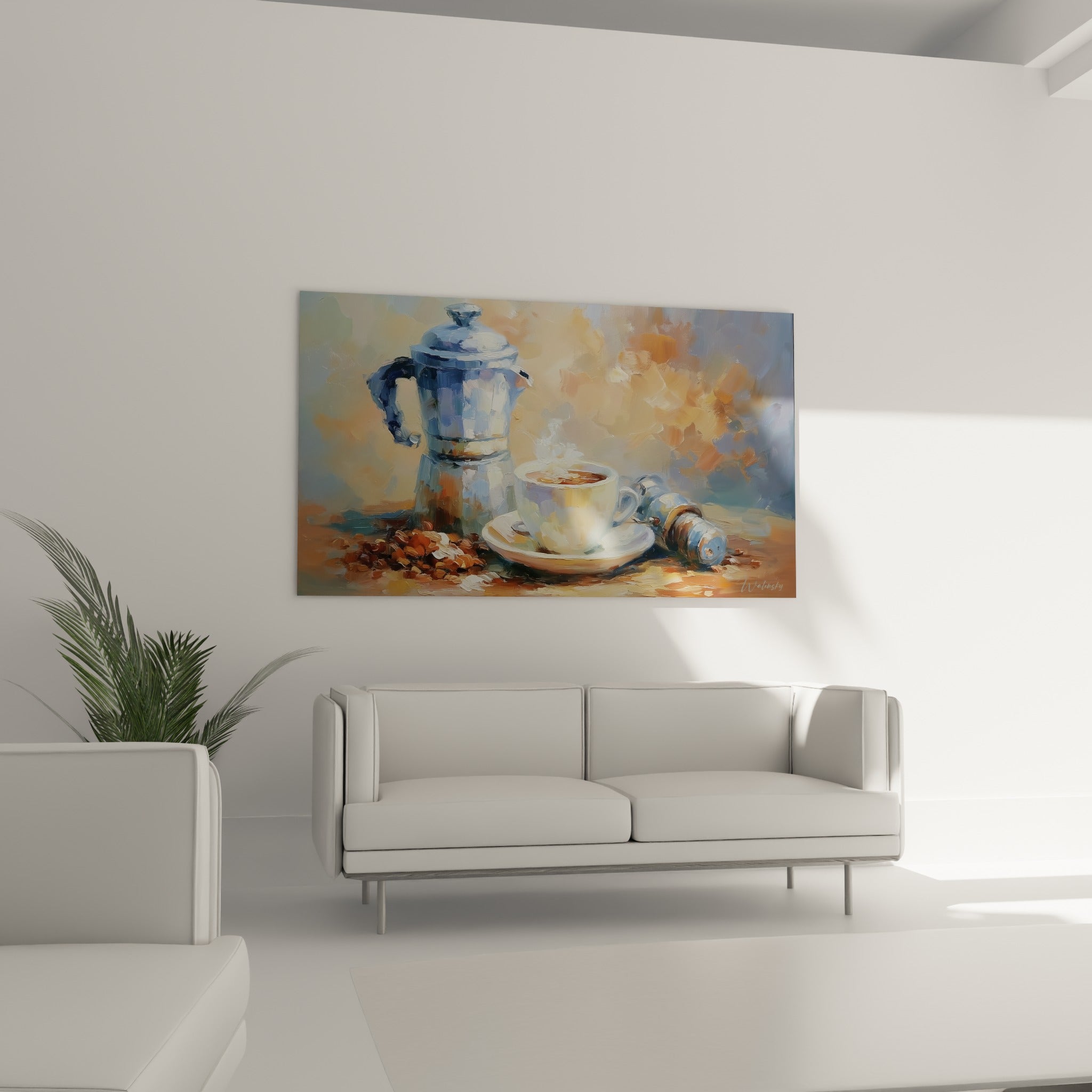Moulin à café ancien et grains torréfiés terracotta au-dessus d'un canapé dans un salon lumineux