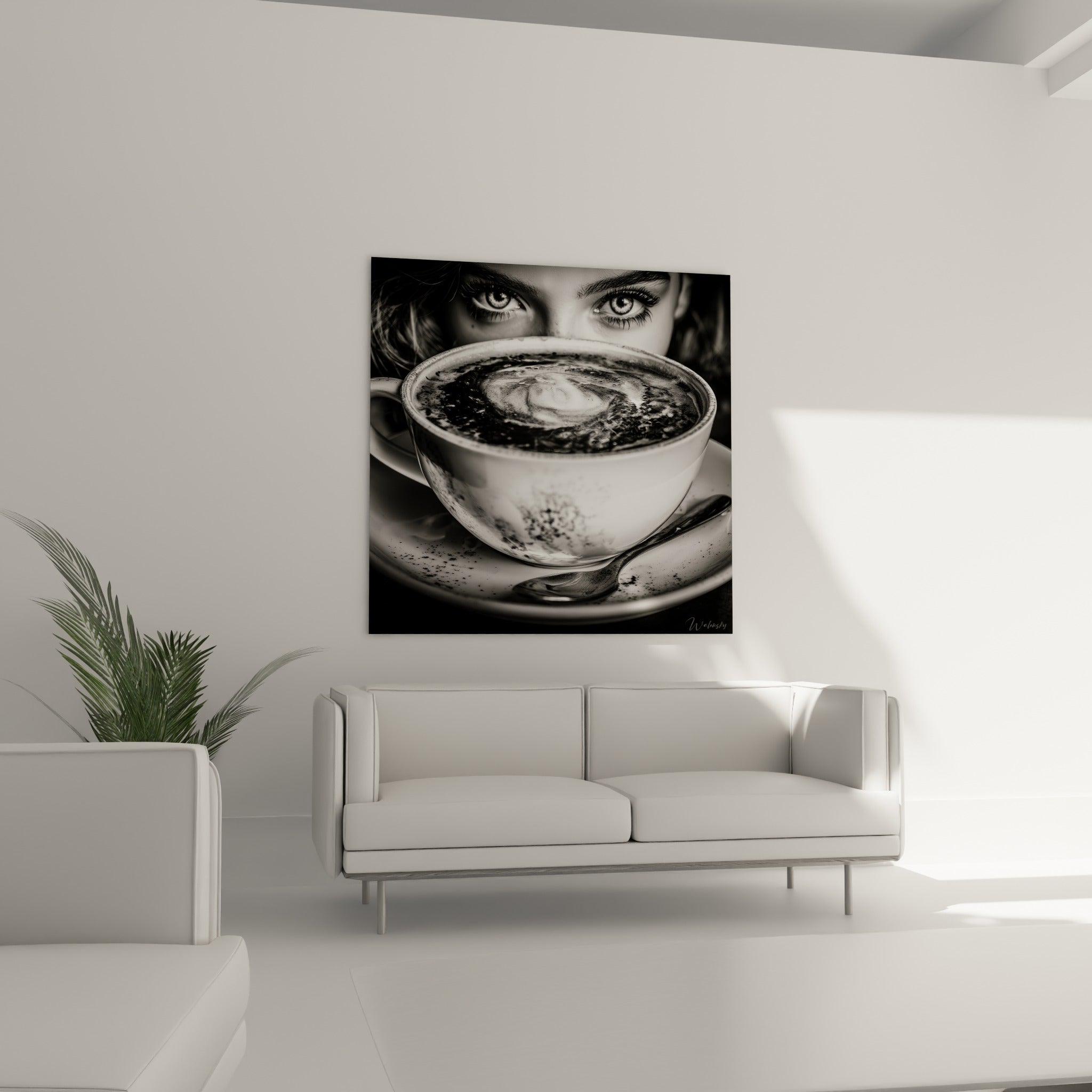 Yeux fauve intense et mousse de café blanche, œuvre placée au-dessus d'un canapé dans un salon lumineux