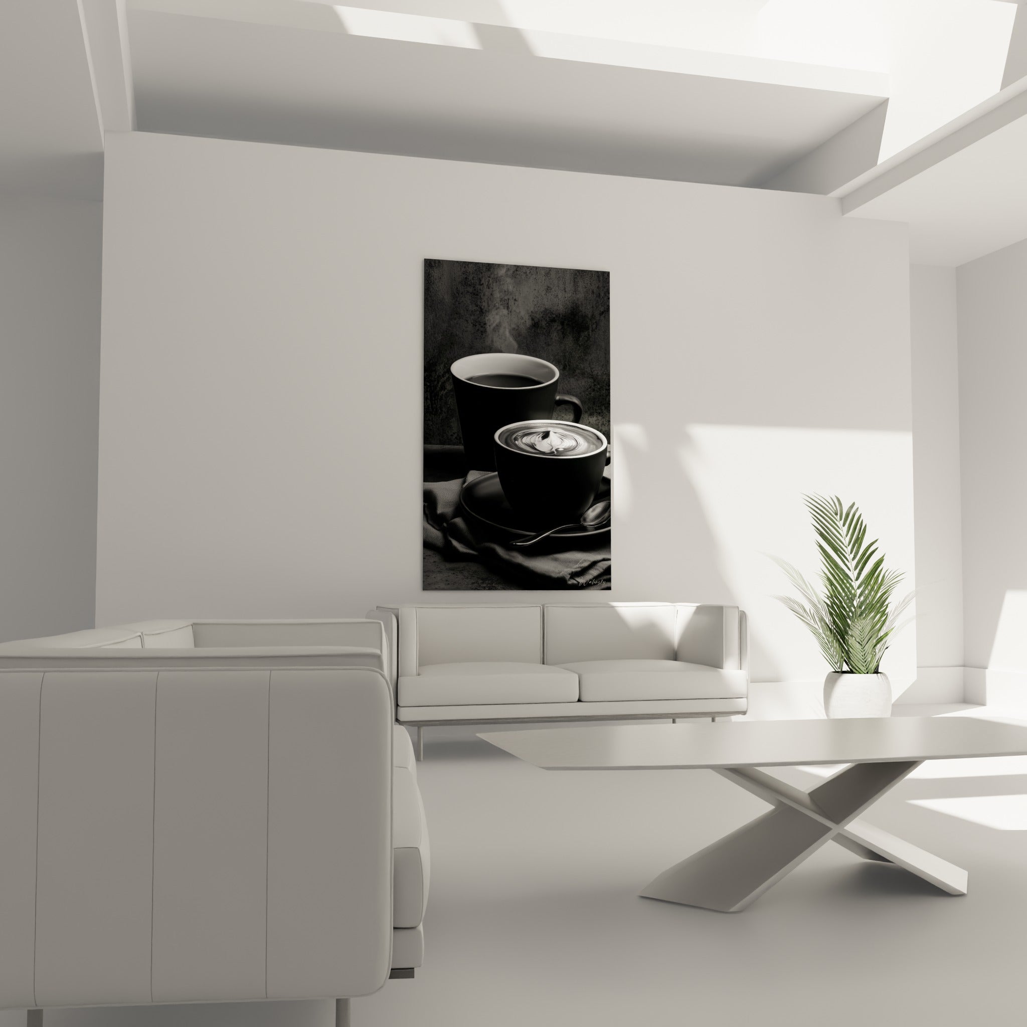 Tasse fumante et mousse blanche en clair-obscur au-dessus d'un canapé dans un salon lumineux