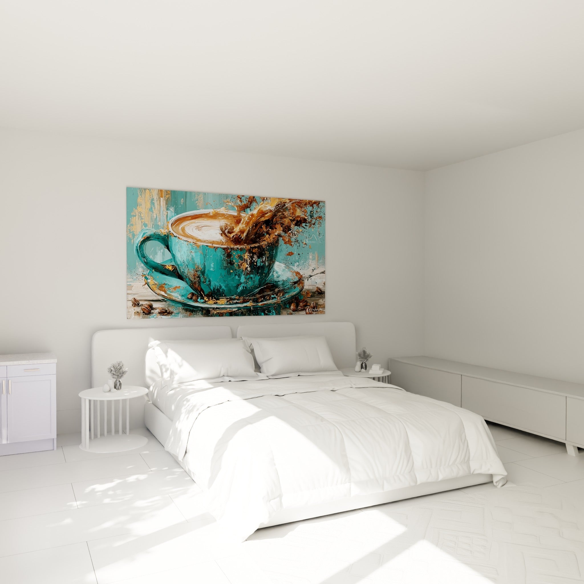 Café turquoise en éclaboussure brune et dorée accroché au-dessus d'un lit dans une chambre claire