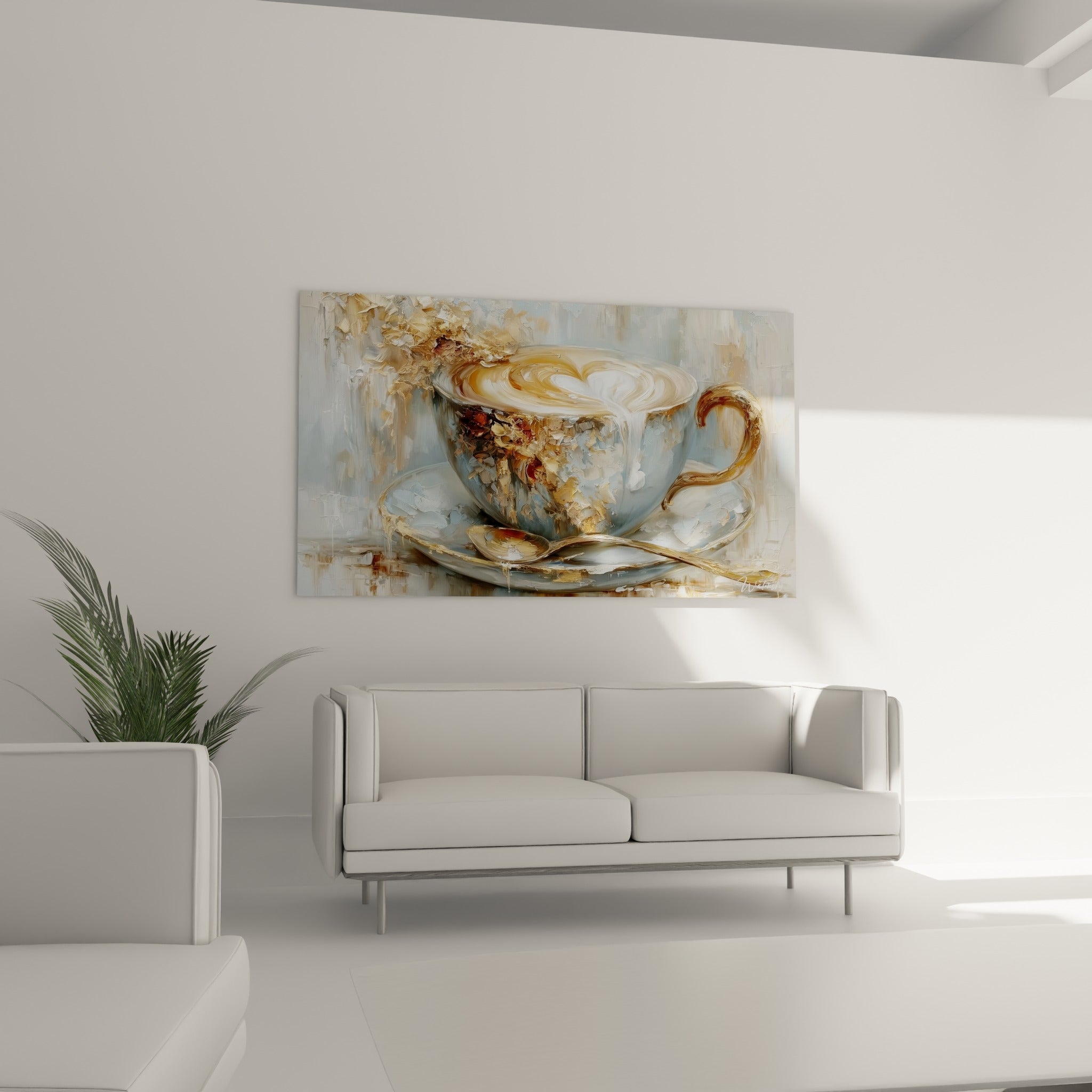 Tasse fleurie aux reflets dorés et mousse crémeuse, suspendue au-dessus d'un canapé dans un salon lumineux
