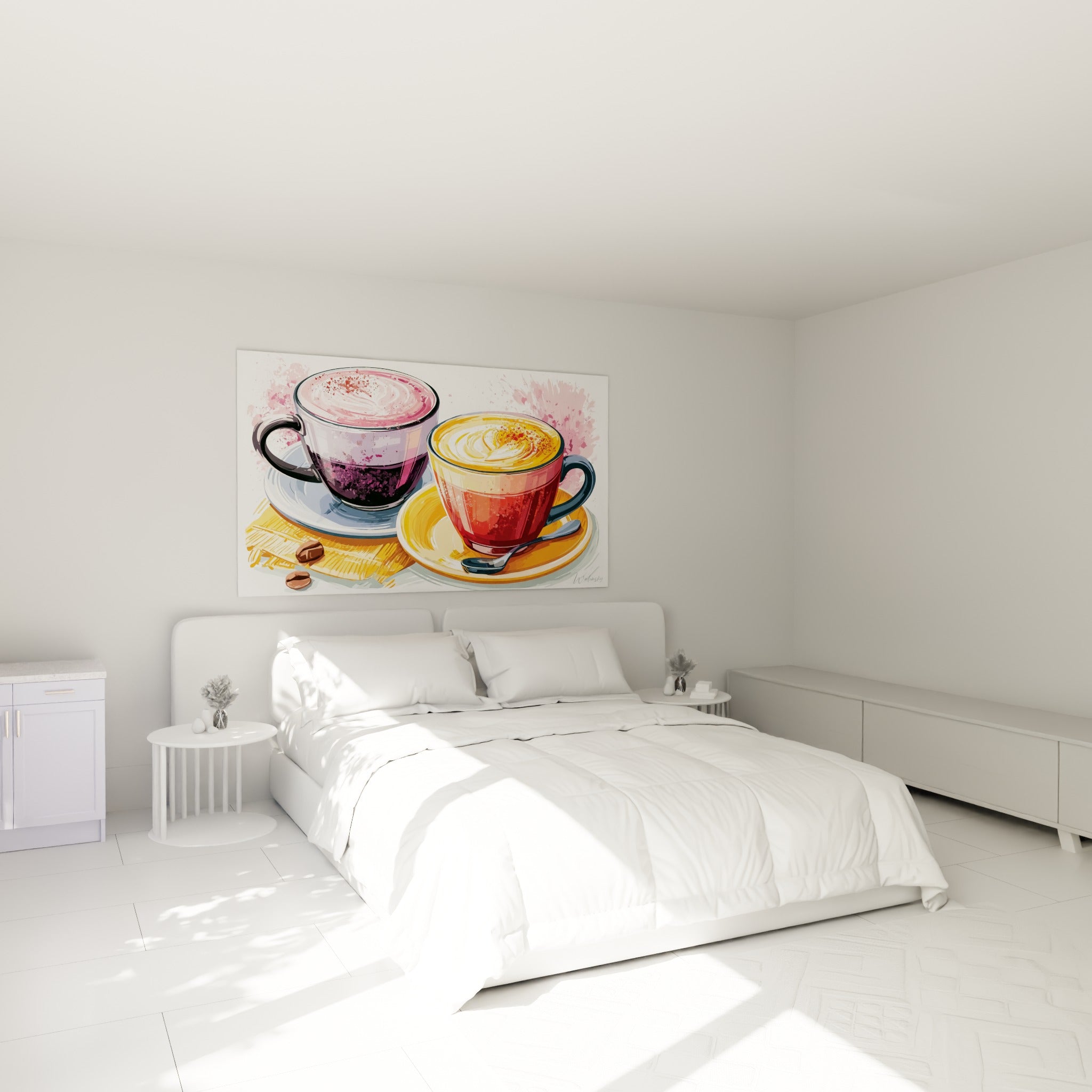 Deux tasses de café violette et rouge peintes ornent un tableau au-dessus d'un lit dans une chambre claire