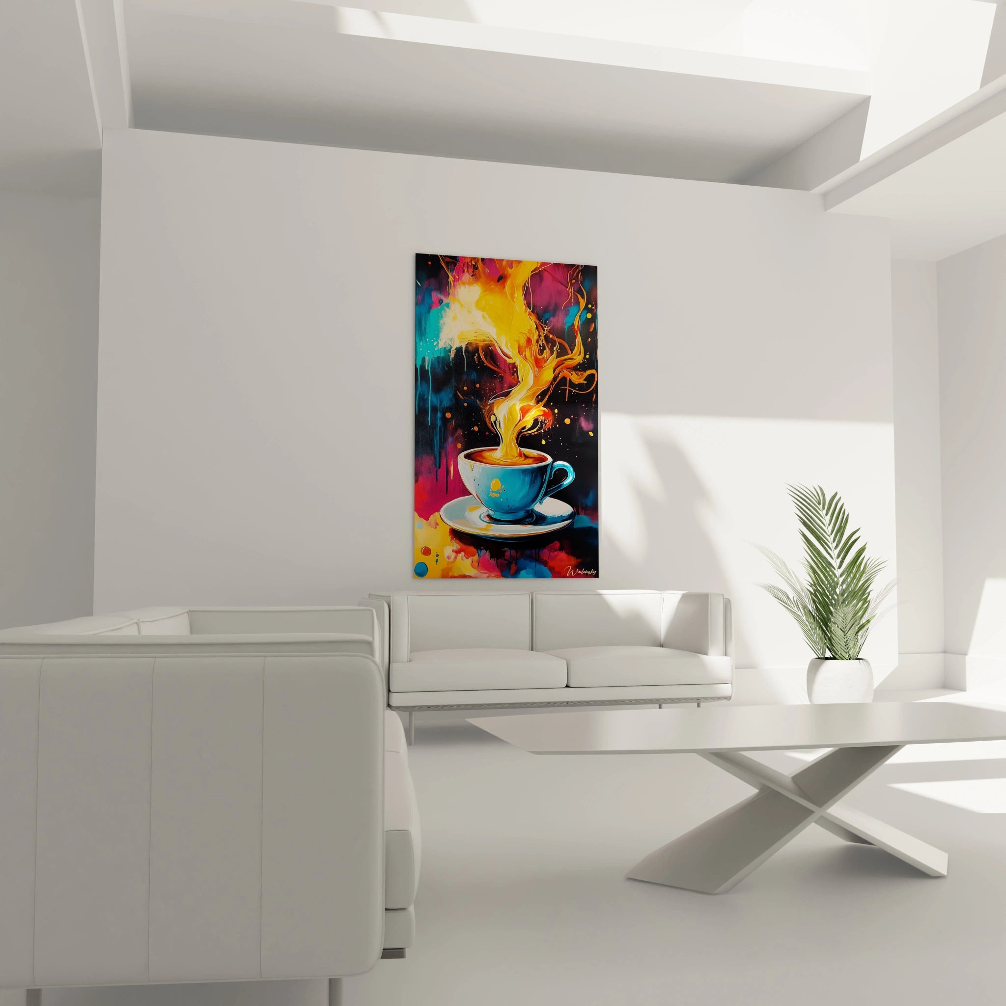 Un tableau café illustrant une tasse et sa soucoupe, avec une vapeur ascendante en teintes chaudes. Le fond associe bleu, noir et rouge avec des effets de superpositions et éclats de peinture.