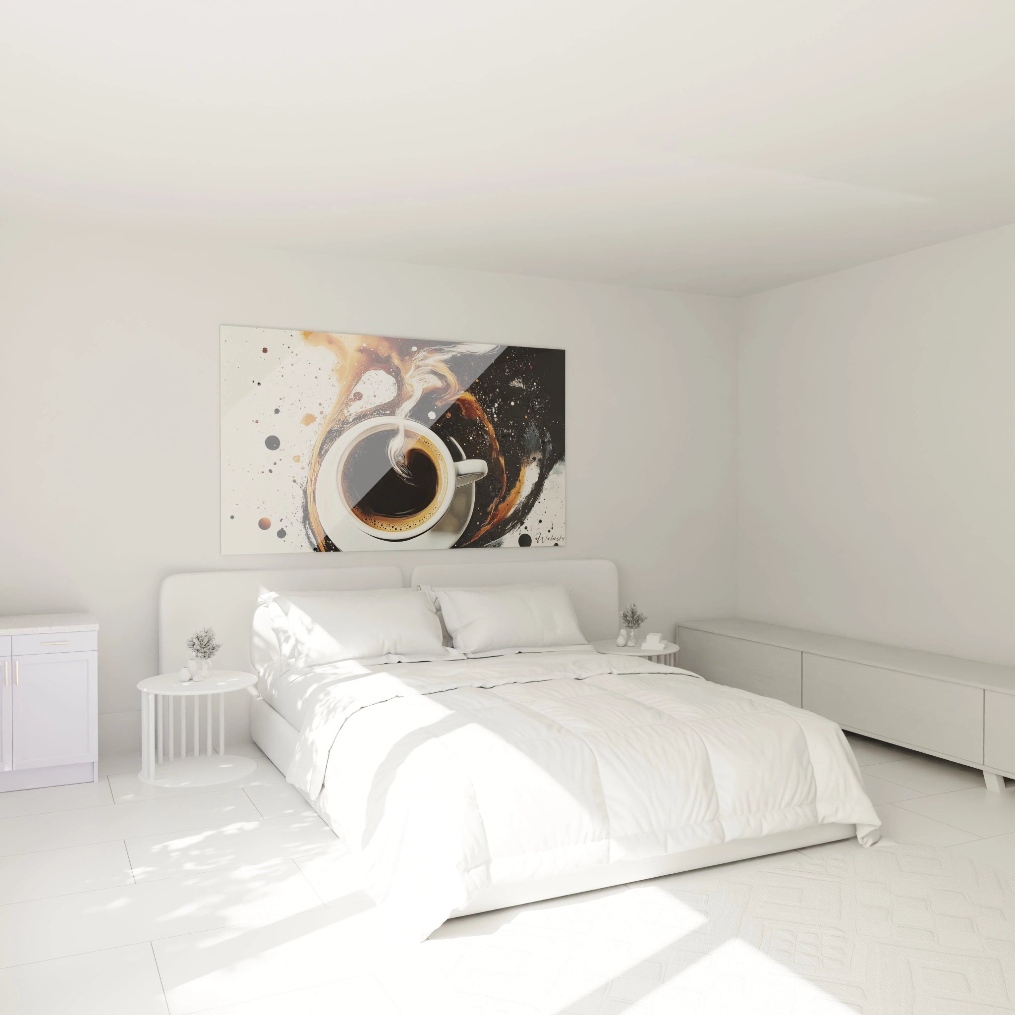 Un tableau café illustrant une tasse remplie de liquide foncé, avec des projections brunes et noires, et des effets de fluidité sur un fond clair ponctué de taches contrastées.