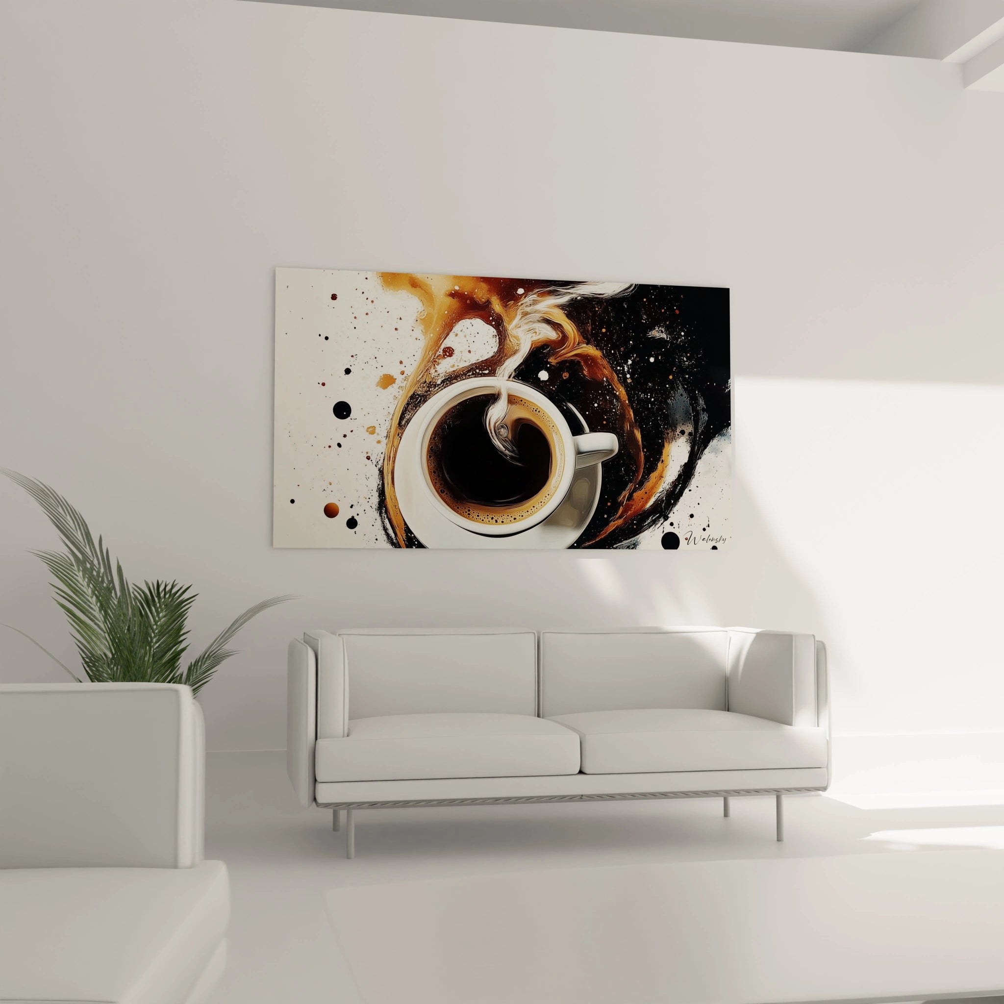 Un tableau café mettant en scène une composition dynamique où le liquide et la vapeur se mélangent en formes abstraites, avec des teintes dominantes de noir, marron et beige sur un fond texturé.
