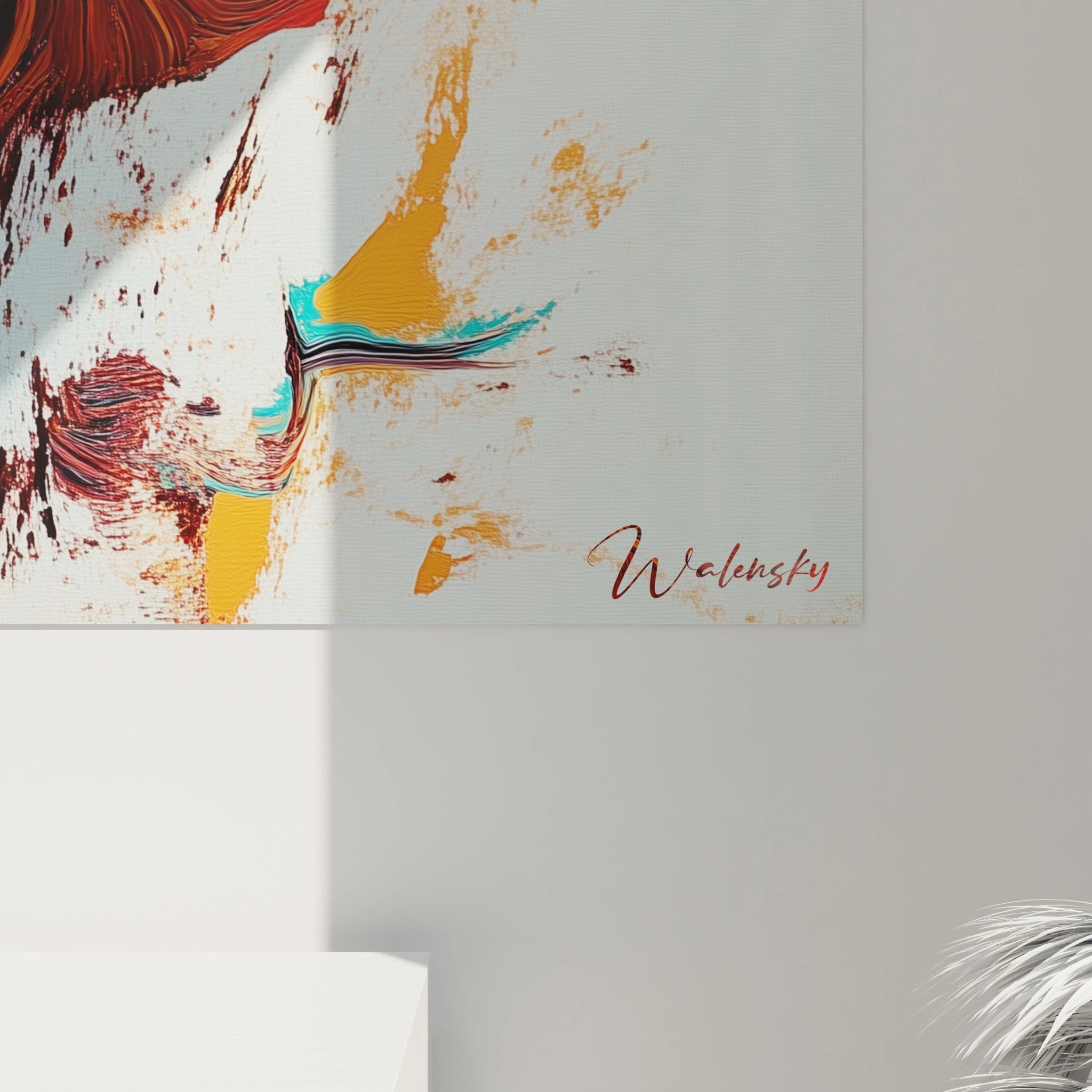 Un tableau café illustrant une tasse de café sur un fond aux teintes marron et orange avec des touches de bleu. Les textures sont fluides et donnent un effet de dispersion de la peinture.